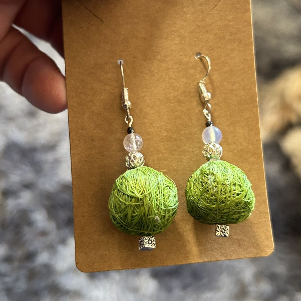 Handmade Handcrafted natural raffia bead opalite glass earrings Size ONE SIZE - 2 Thumbnail