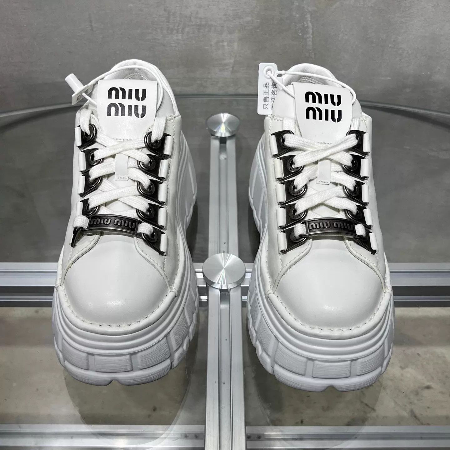 Miu Miu MIU MIU Women's White Metallic Punk Platform Derby Shoe 37 Size US 6.5 / IT 36.5 - 1 Thumbnail