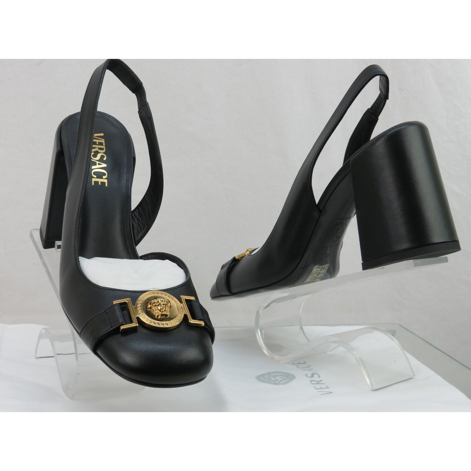Versace VERSACE BLACK LEATHER GOLD MEDUSA SANDAL LOW HEEL PUMPS 40 Size US 10 / IT 40 - 5 Thumbnail