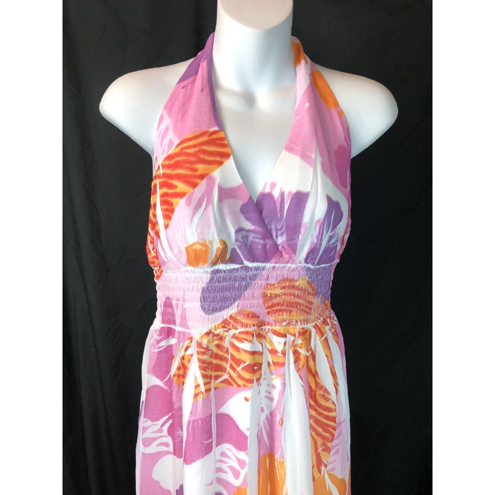 Vintage MKM Maxi Halter Dress L Pink/purple Floral Smocked Flowy Beach Tropical Dress Size L / US 10 / IT 46 - 3 Thumbnail