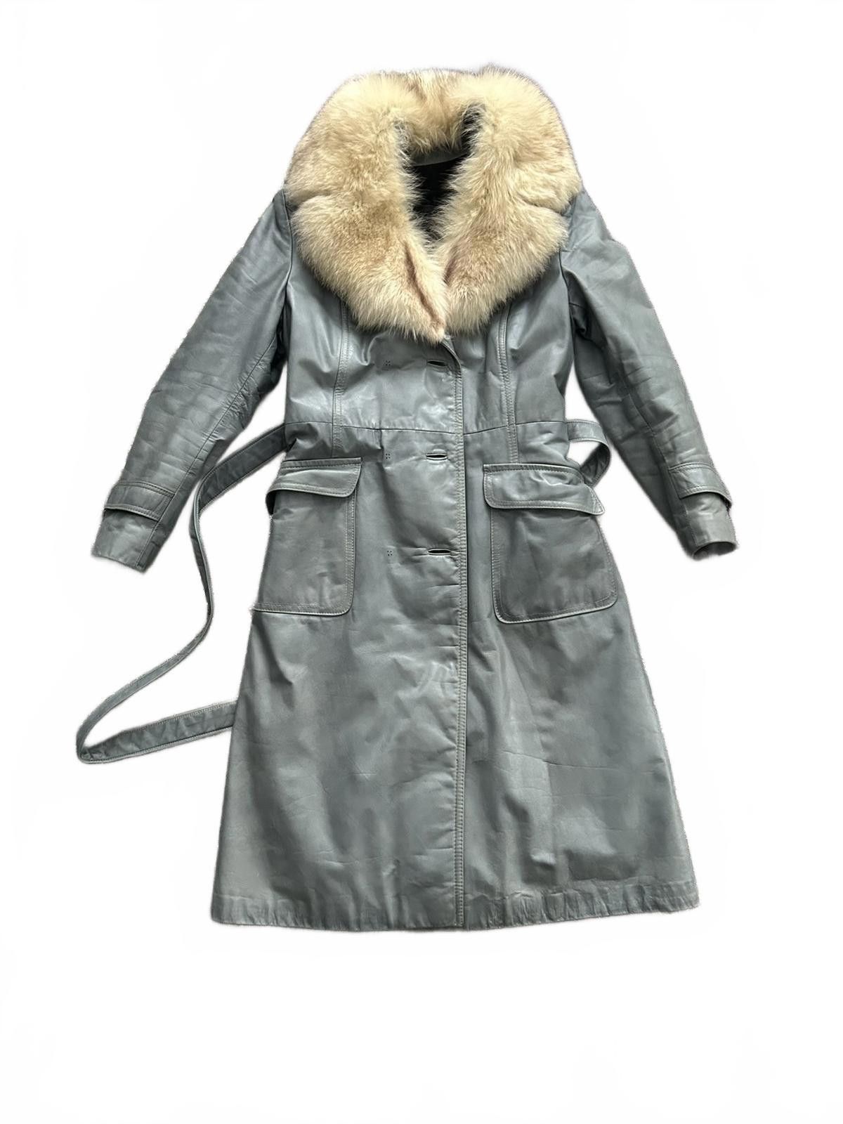 Unknown London Women's Gray Leather Trench Coat with Real Fur Collar Size S / US 4 / IT 40 - 1 Thumbnail