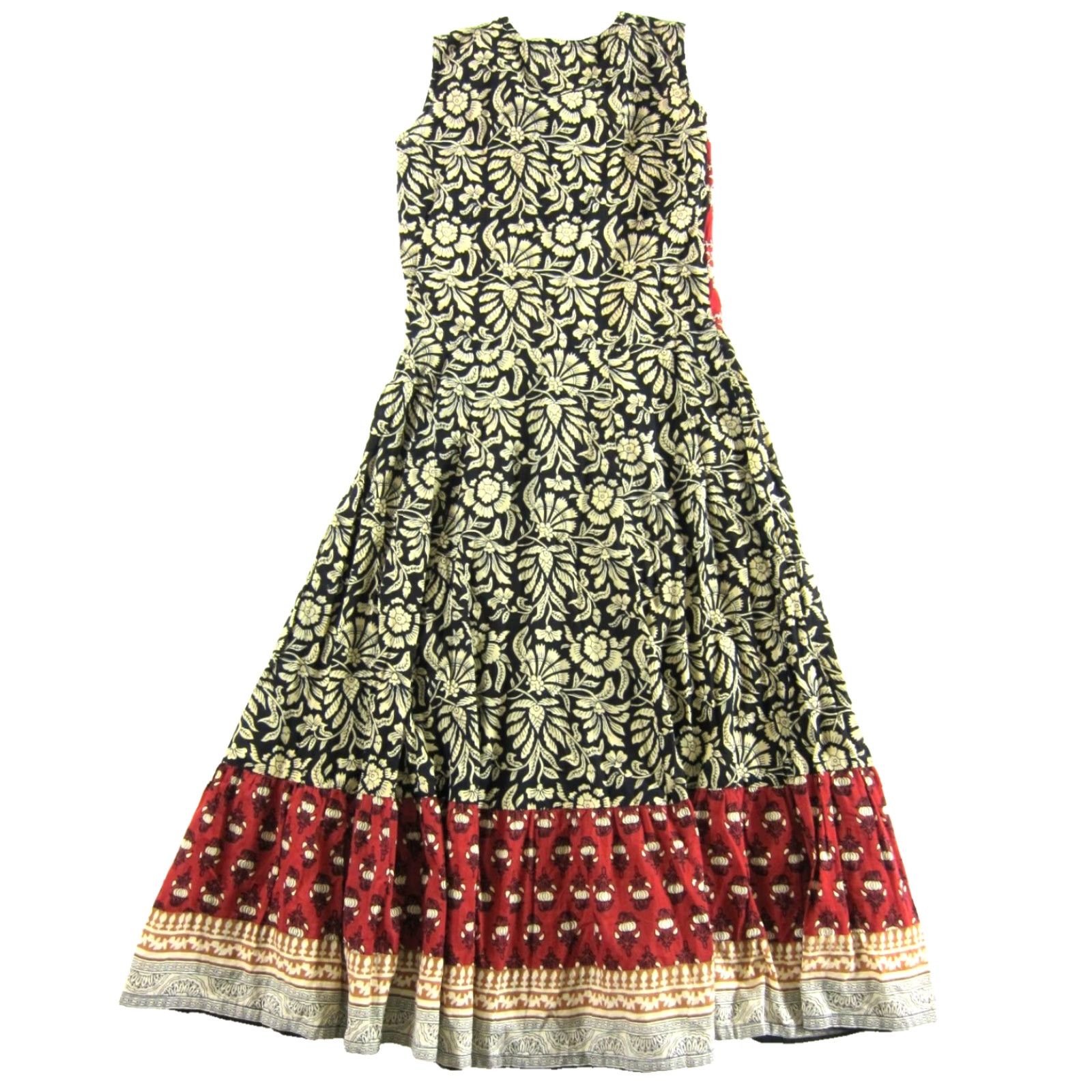 Vintage Rangmanch Cotton Red Yellow Black Floral Sleeveless Long Maxi Kurta Dress XS Size XS / US 0-2 / IT 36-38 - 2 Thumbnail