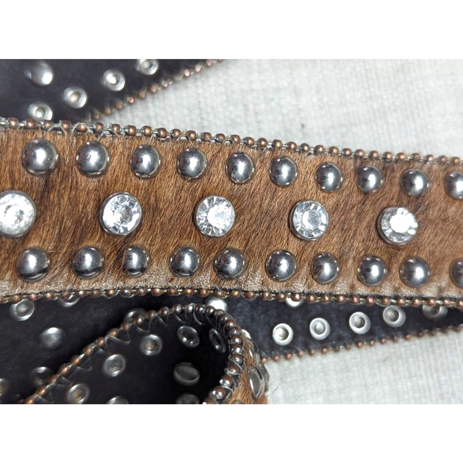 Vintage VINTAGE Nocona WESTERN belt brown 40 brown rhinestone hairy buckle belt with buckle snaps leather backing y2k Cowboy Men Adult 40 Mens belt Size 40 - 2 Thumbnail