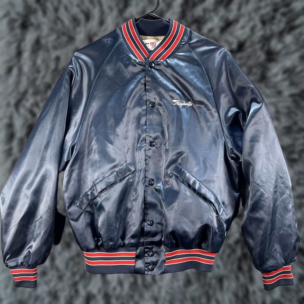 VINTAGE King Louie Raybestos Jacket Mens M Blue Satin 80s Pro Fit Varsity Knit Collar Cuffs Wallet Pockets Embroidered Raybestos USA Mens Clothing