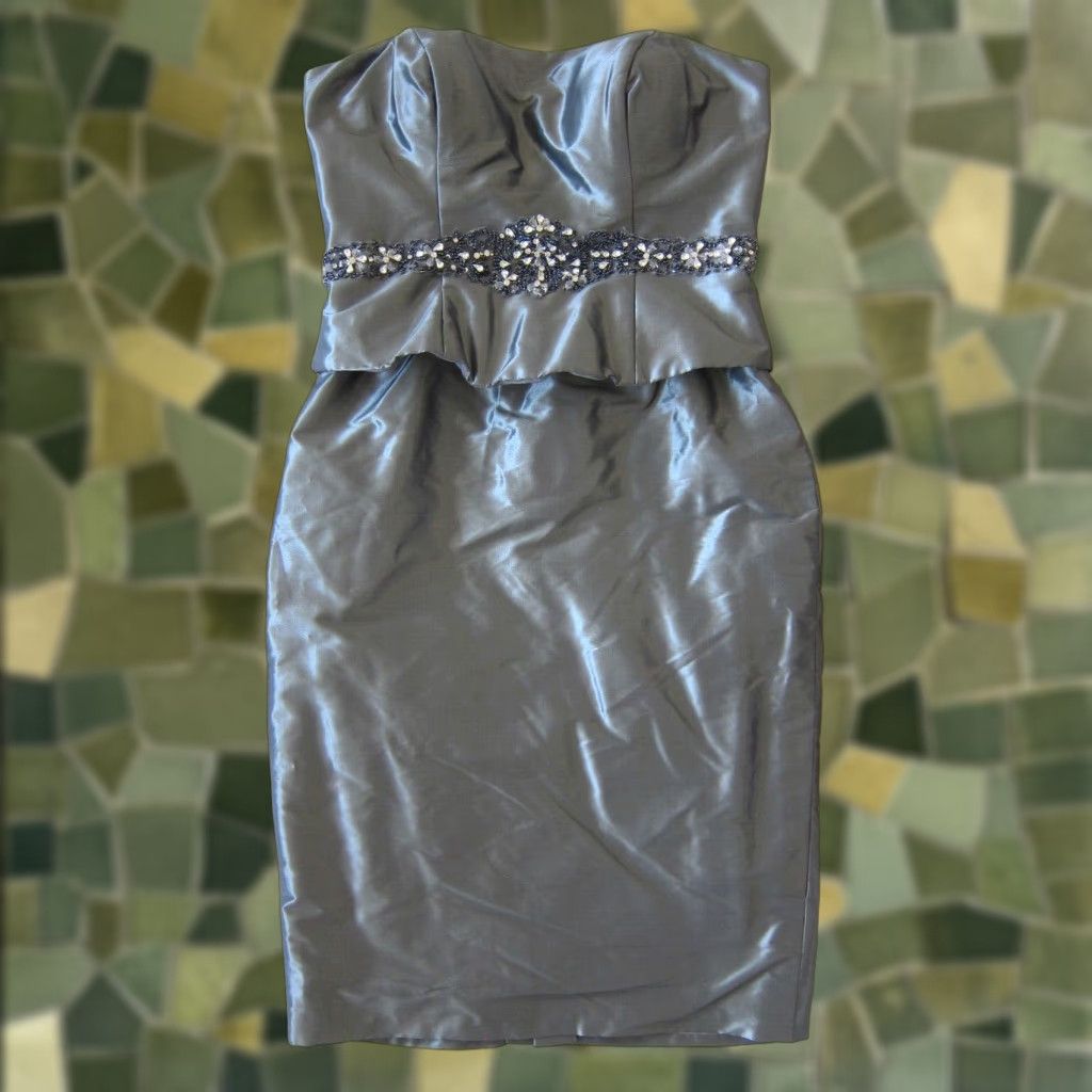 Vintage Rina Di Montello Blue Grey Satin Jewel Diamond Strapless Formal Party Dress 8 Size XS / US 0-2 / IT 36-38 - 1 Thumbnail