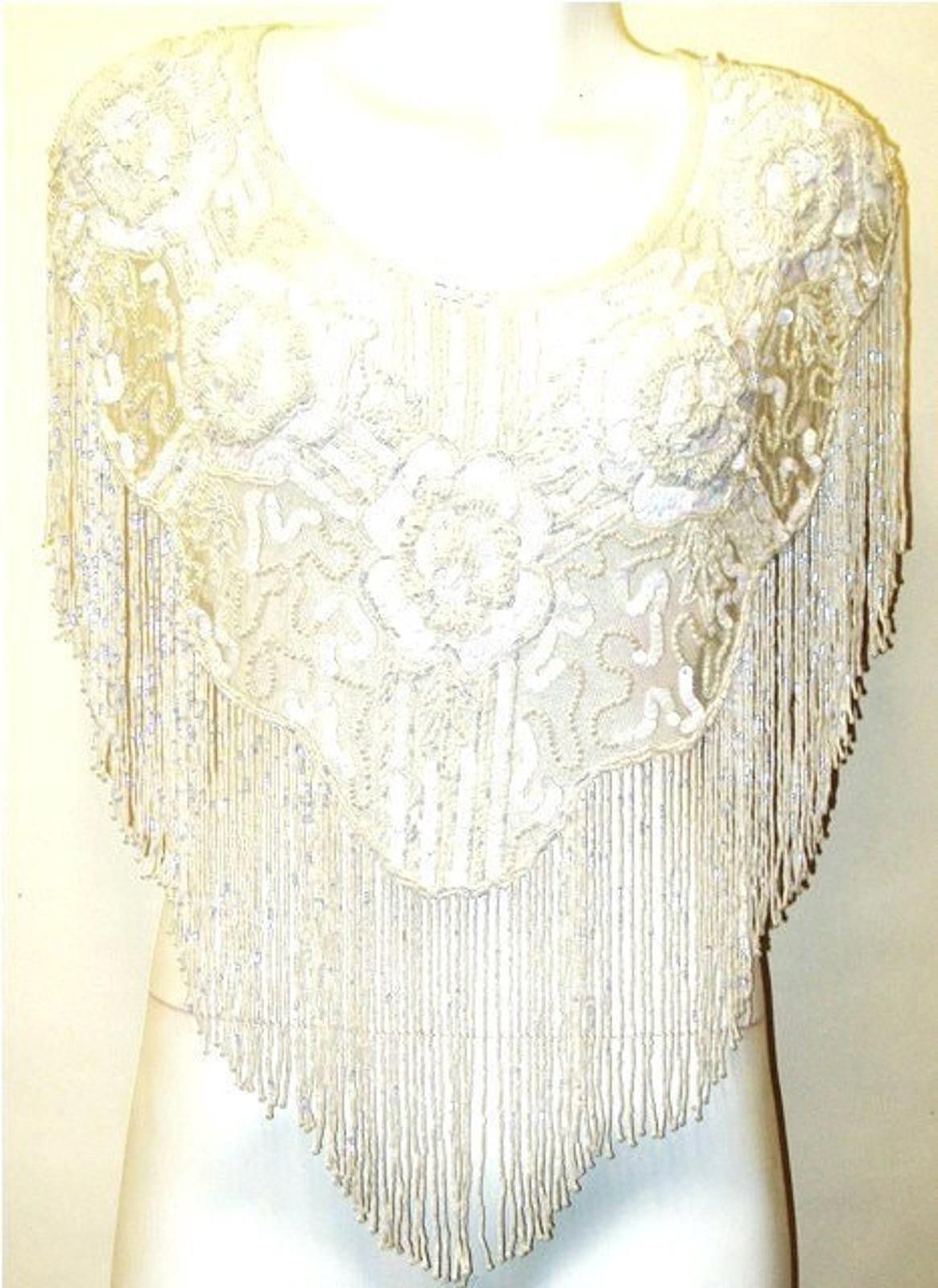 Designer Sequin Shawl/Wrap with Fringes White Size ONE SIZE - 1 Preview
