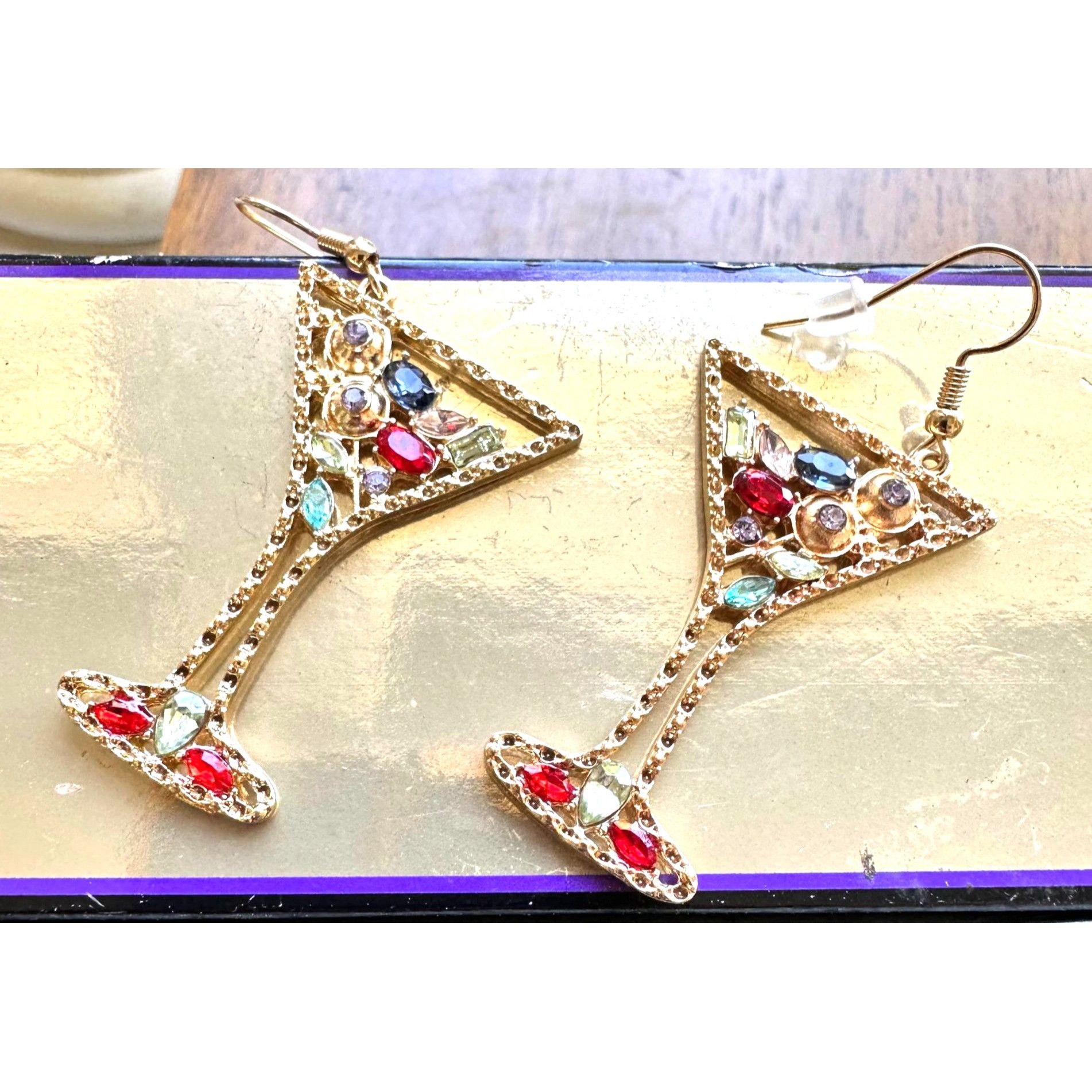 Handmade Cocktail Drink Earrings Martini Rhinestones Cruise Beach Isl Size ONE SIZE - 2 Thumbnail