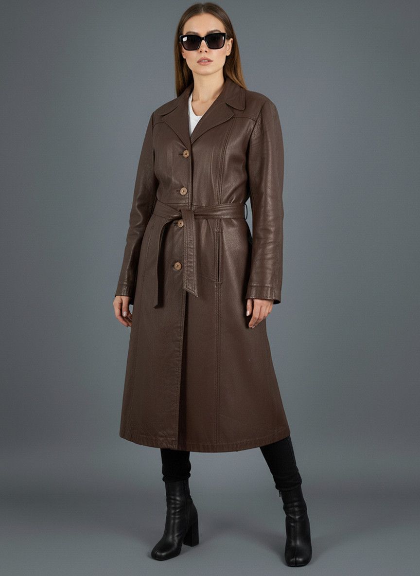 C&A Vintage 90s Brown Belted Leather Coat Trench Made in England Size M / US 6-8 / IT 42-44 - 1 Thumbnail