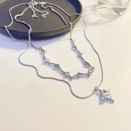 Japanese Brand Unisex Korean fashion star pendant double layer rhinestone Size ONE SIZE - 4 Thumbnail