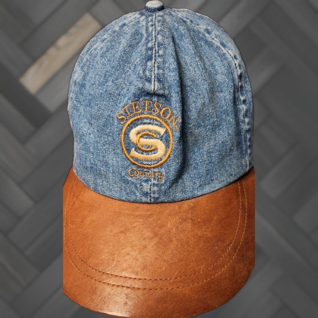 Stetson VINTAGE Stetson USA MADE Blue Jean Denim Cap Hat Leather Brim Strapback Baseball Cap Men Adjustable Size XS? No size given. Size US 35 - 1 Thumbnail