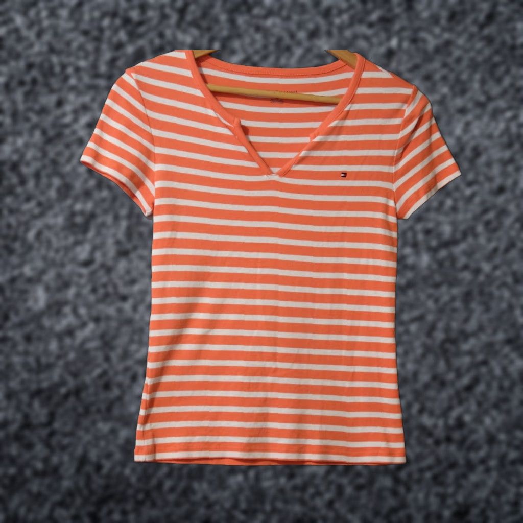Tommy Hilfiger Tommy Hilfiger Tee Stripe V-Neck Short Sleeve 100% Cotton Women's M Orange/White Slim Casual 90s? Size 32" / US 10 / IT 46 - 1 Thumbnail