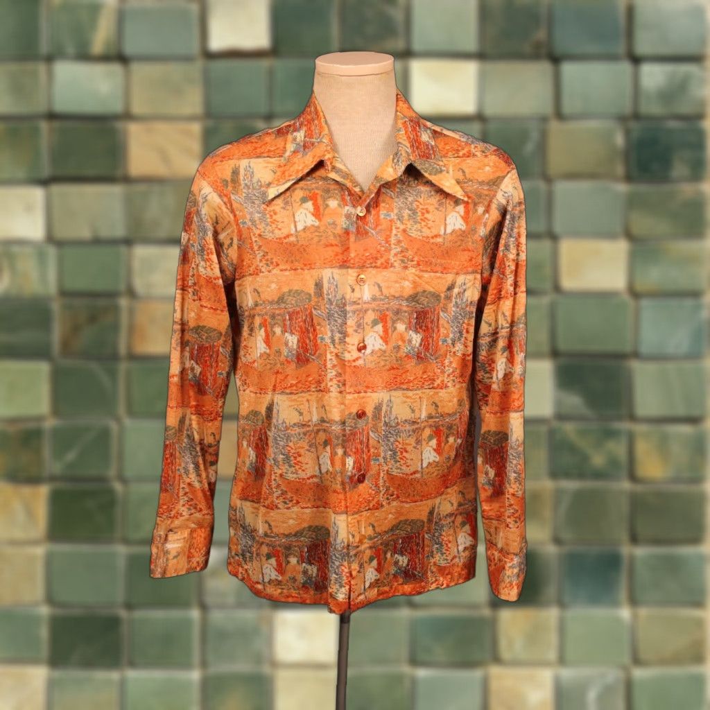 Vintage VINTAGE Men’s VTG 70s Orange Pointillist Boat Print Shirt M/L 1970s Disco Nylon Polyester Size US M / EU 48-50 / 2 - 1 Thumbnail