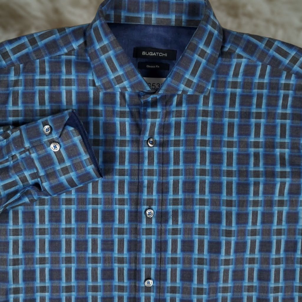BUGATCHI Bugatchi Uomo Shirt Mens Large Blue Gray Plaid Classic Fit Button Up Long Sleeve Size US L / EU 52-54 / 3 - 1 Thumbnail