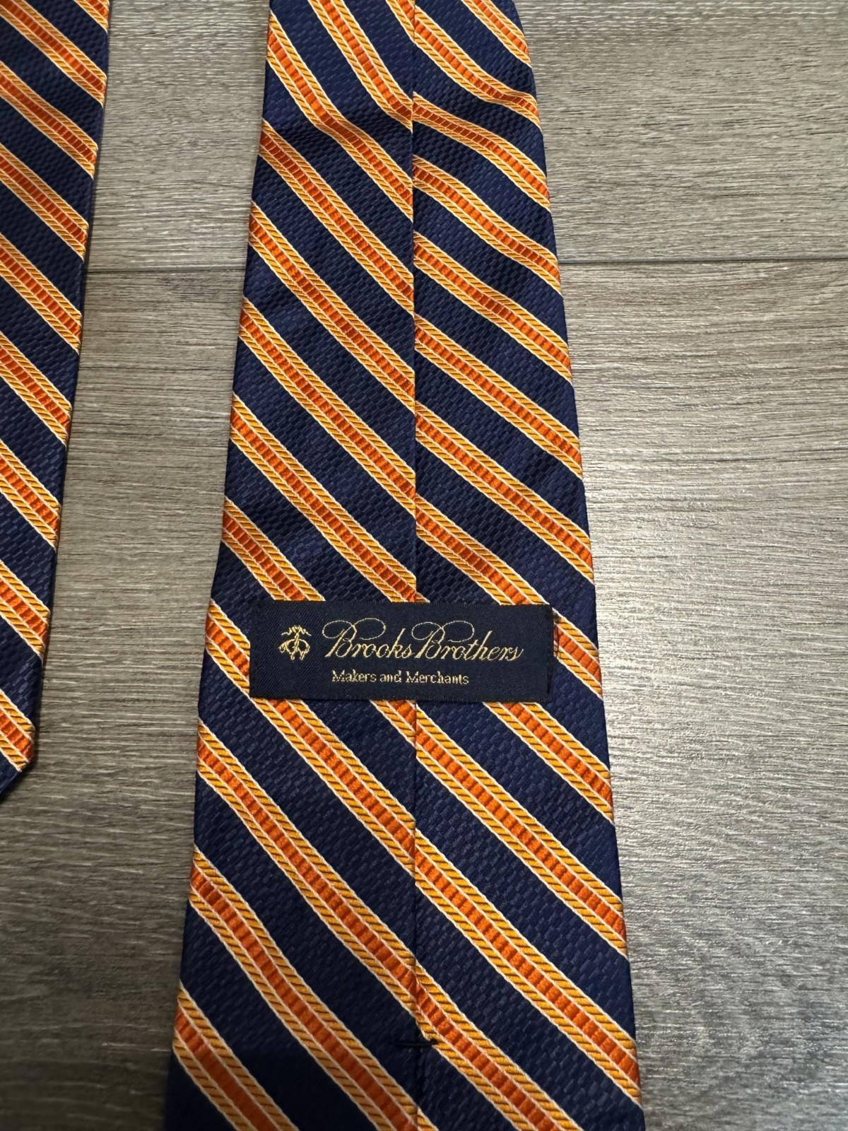 Brooks Brothers Brooks Brothers Makers Striped Silk Tie Navy Blue Orange USA Size ONE SIZE - 4 Thumbnail