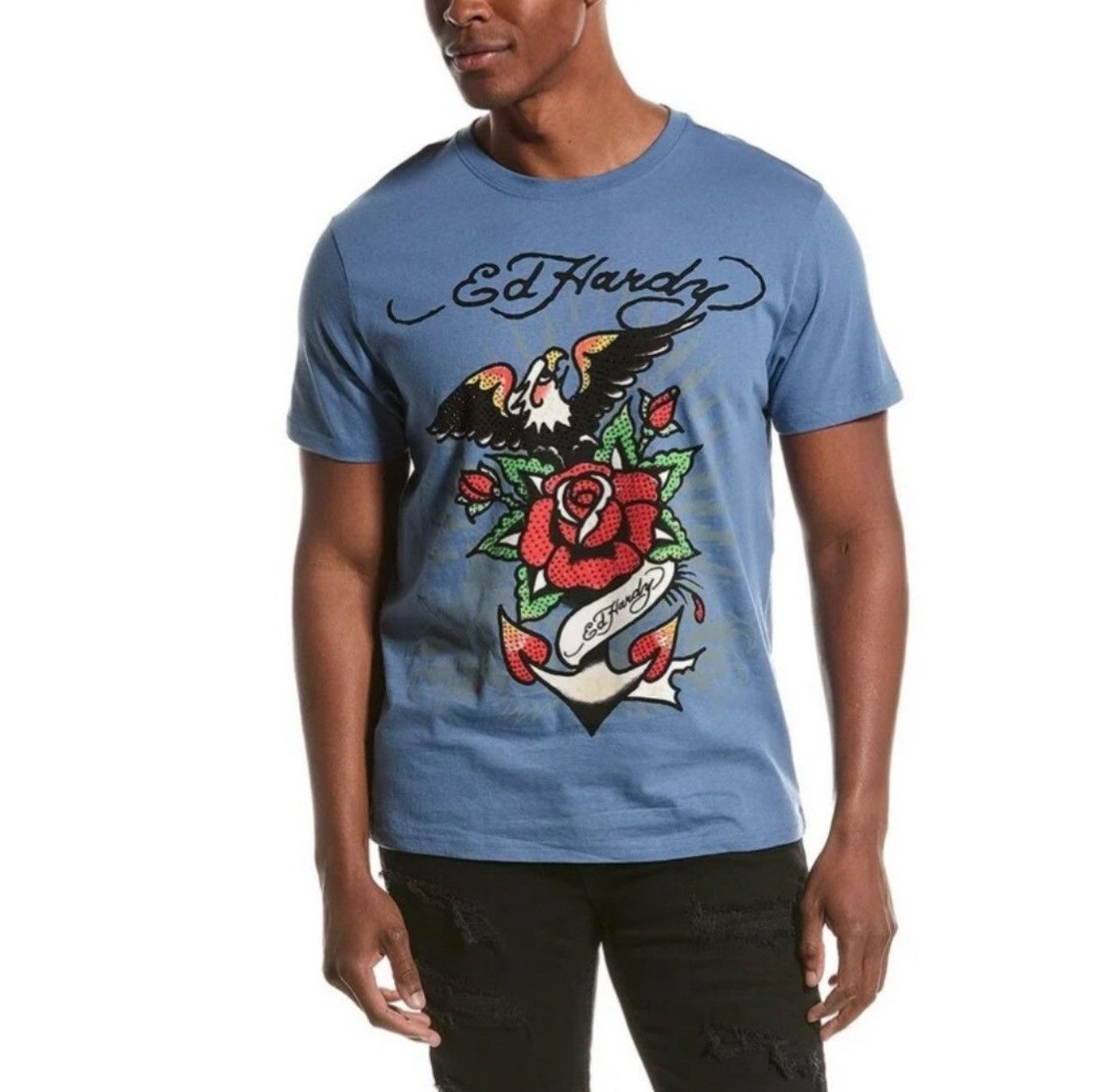 Ed Hardy ED HARDY Eagle Floral Designed Blue Anchor Tee Rhinestone Size US XL / EU 56 / 4 - 1 Thumbnail