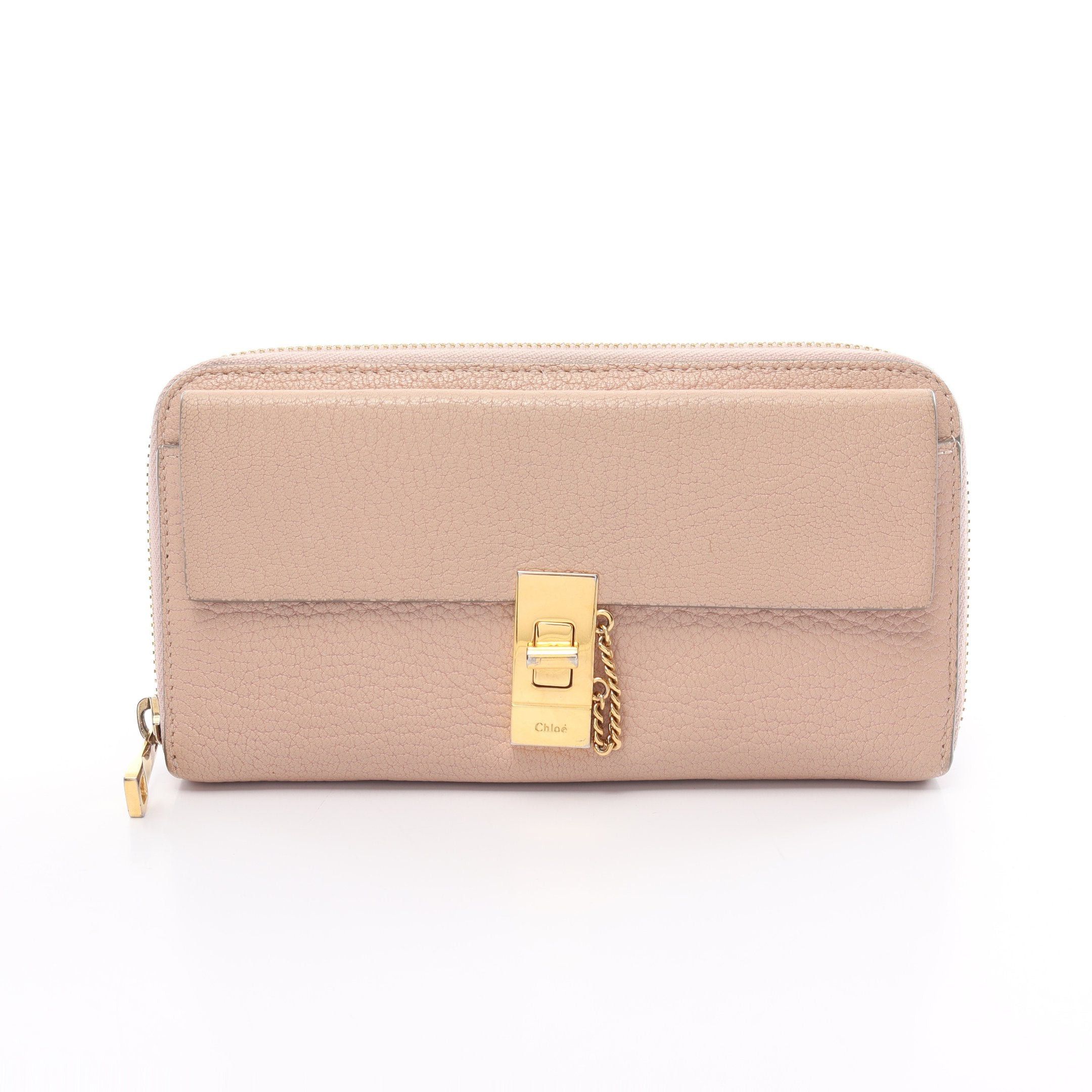 image of Chloe Drew Drew Round Zipper Long Wallet Leather Pink Beige, Women's