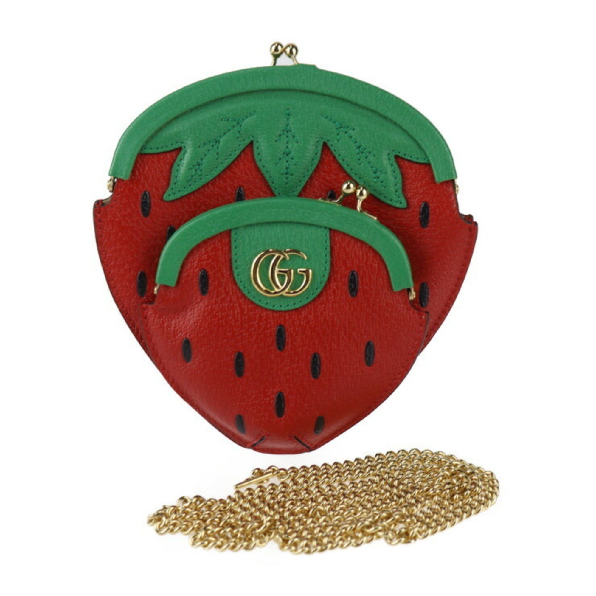 image of Gucci Strawberry-Shaped Pochette Shoulder Bag 719725 Leather Red Green Strawberry Chain, Women's