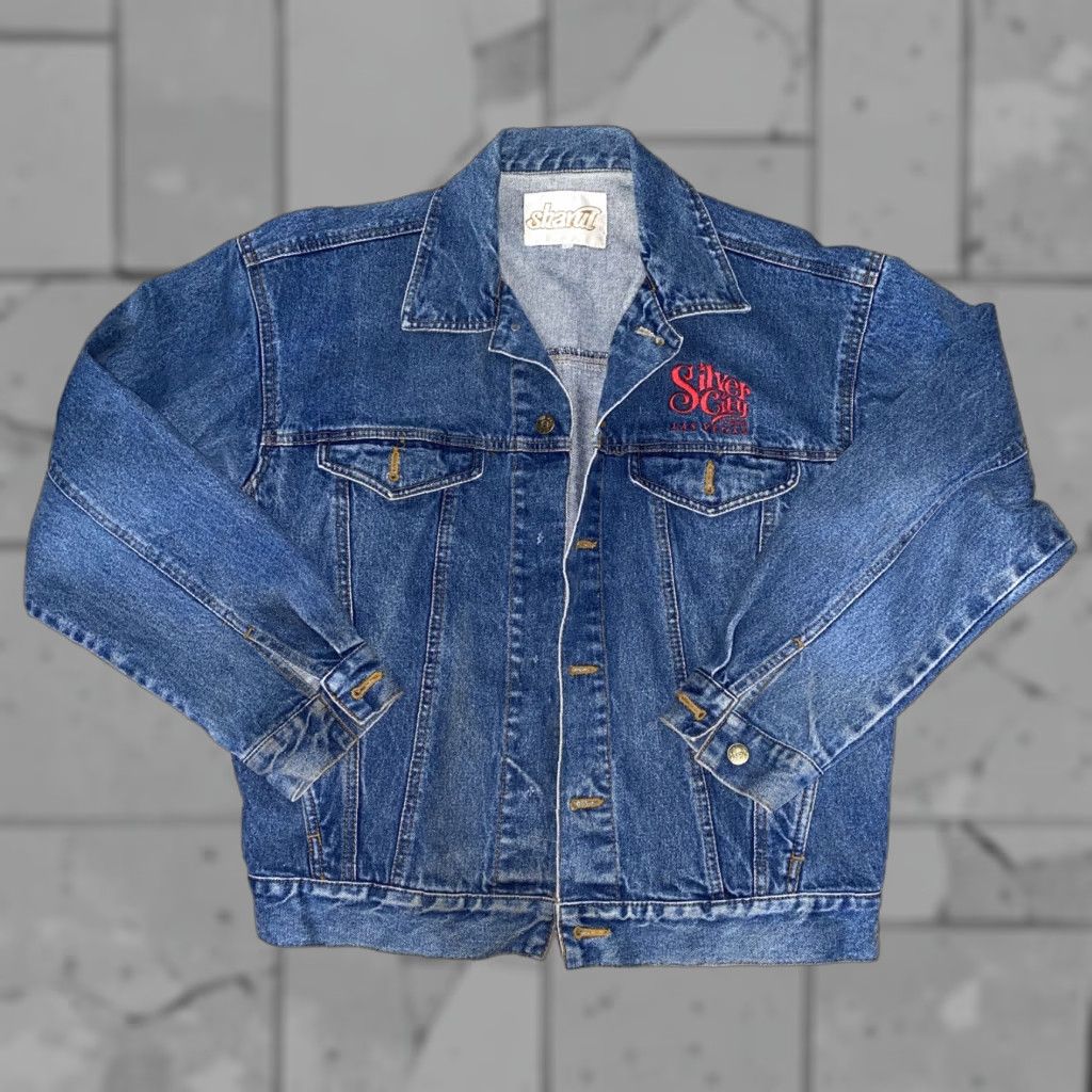 Denime SHARUI JEAN JACKET Shirt Men M Blue Denim Silver City Las Vegas 2 Buttons Only Casual Vintage-Inspired Size US 31 - 1 Thumbnail