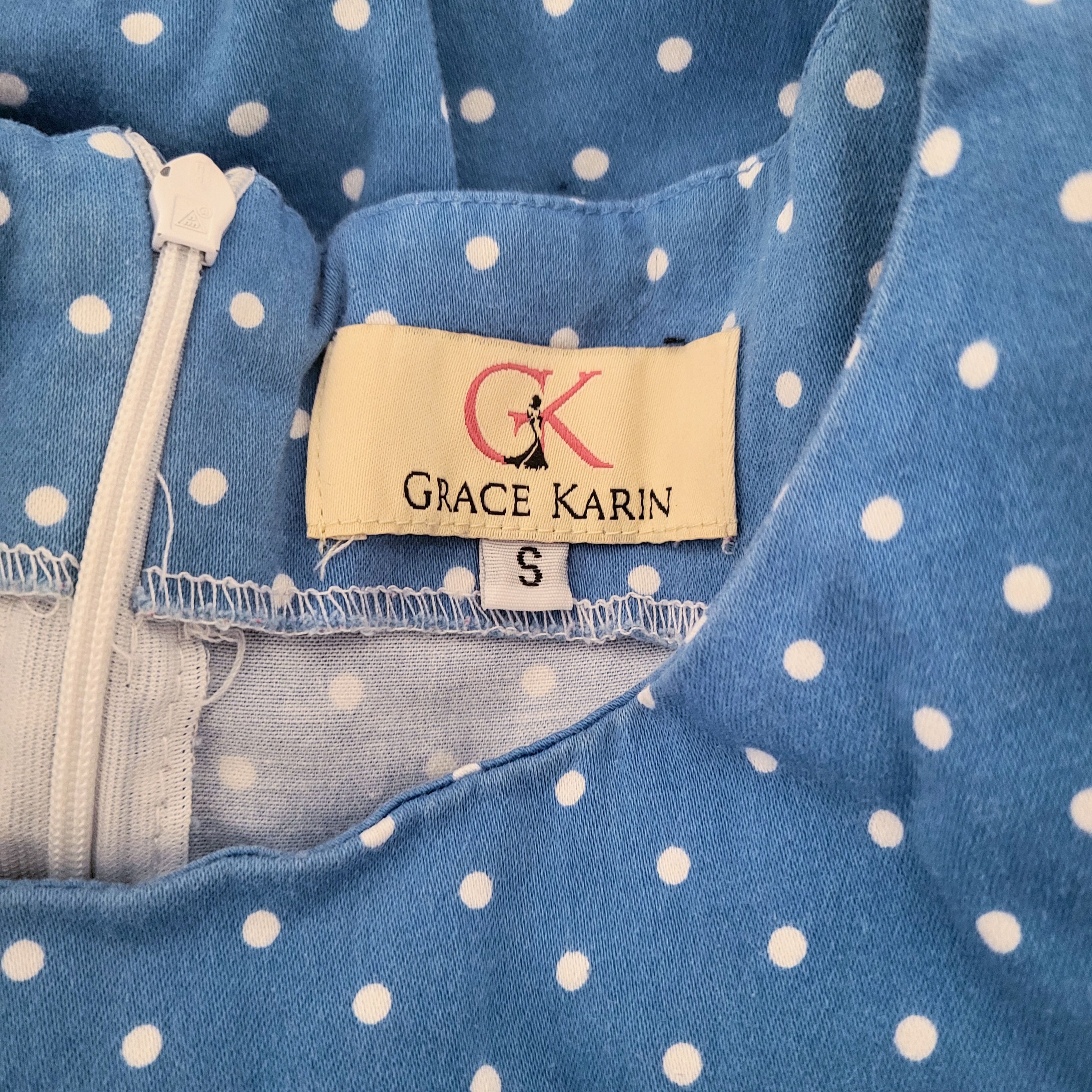 NBDN Nobrandedon Grace Karin Blue White Polka Dot Fitted Bodice Flare Dress Size S / US 4 / IT 40 - 7 Thumbnail