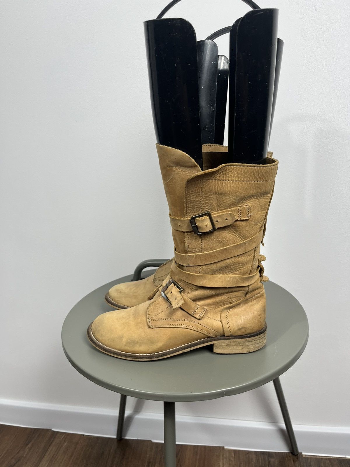 Other Vintage Tan Leather Mid-Calf Boots with Buckle Straps Size US 7.5 / IT 37.5 - 8 Thumbnail