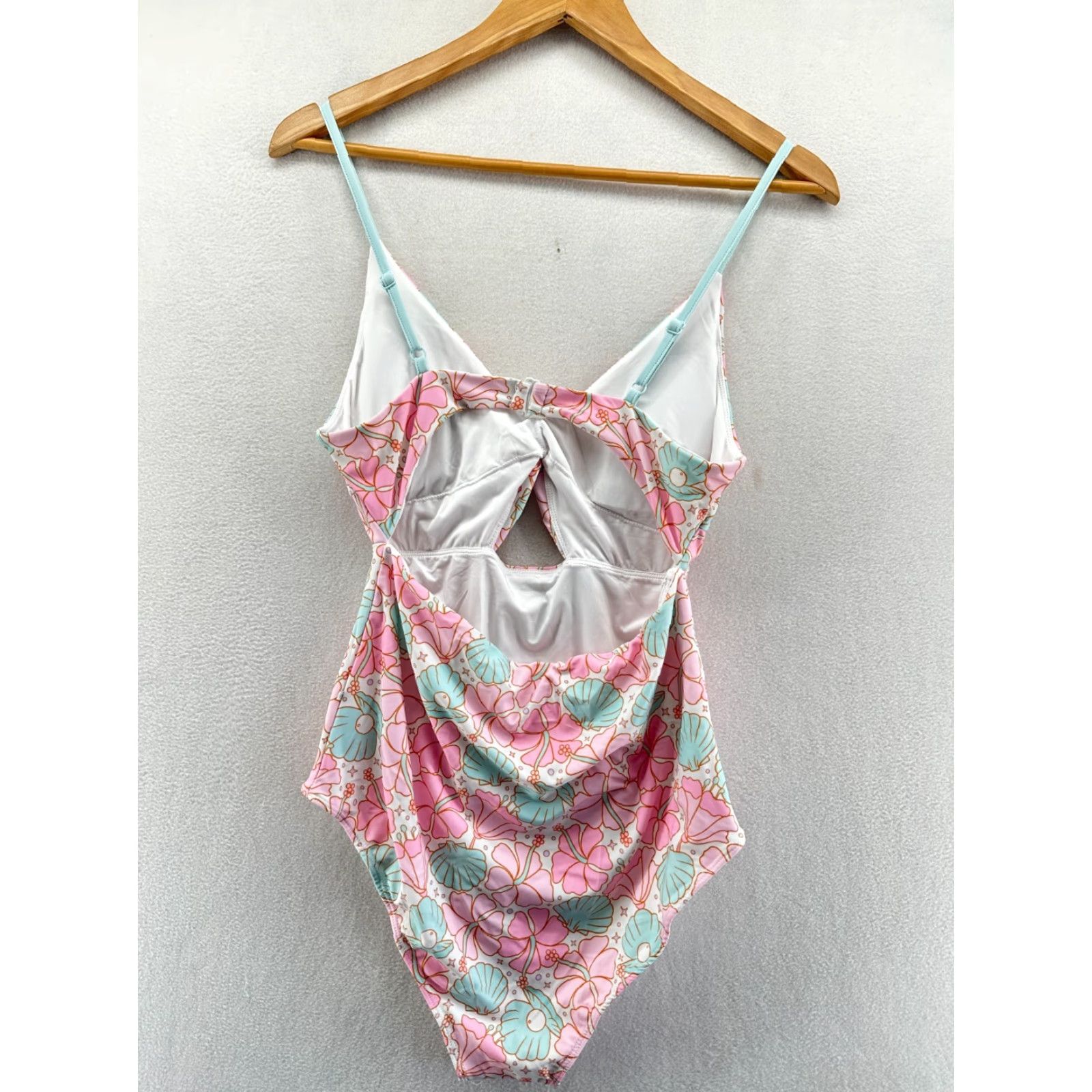 Vintage Caden Lane One-Piece Swimsuit Pink Blue Women's L Floral Spaghetti Straps Padded Stretch Beach Mermaid Size ONE SIZE - 2 Thumbnail