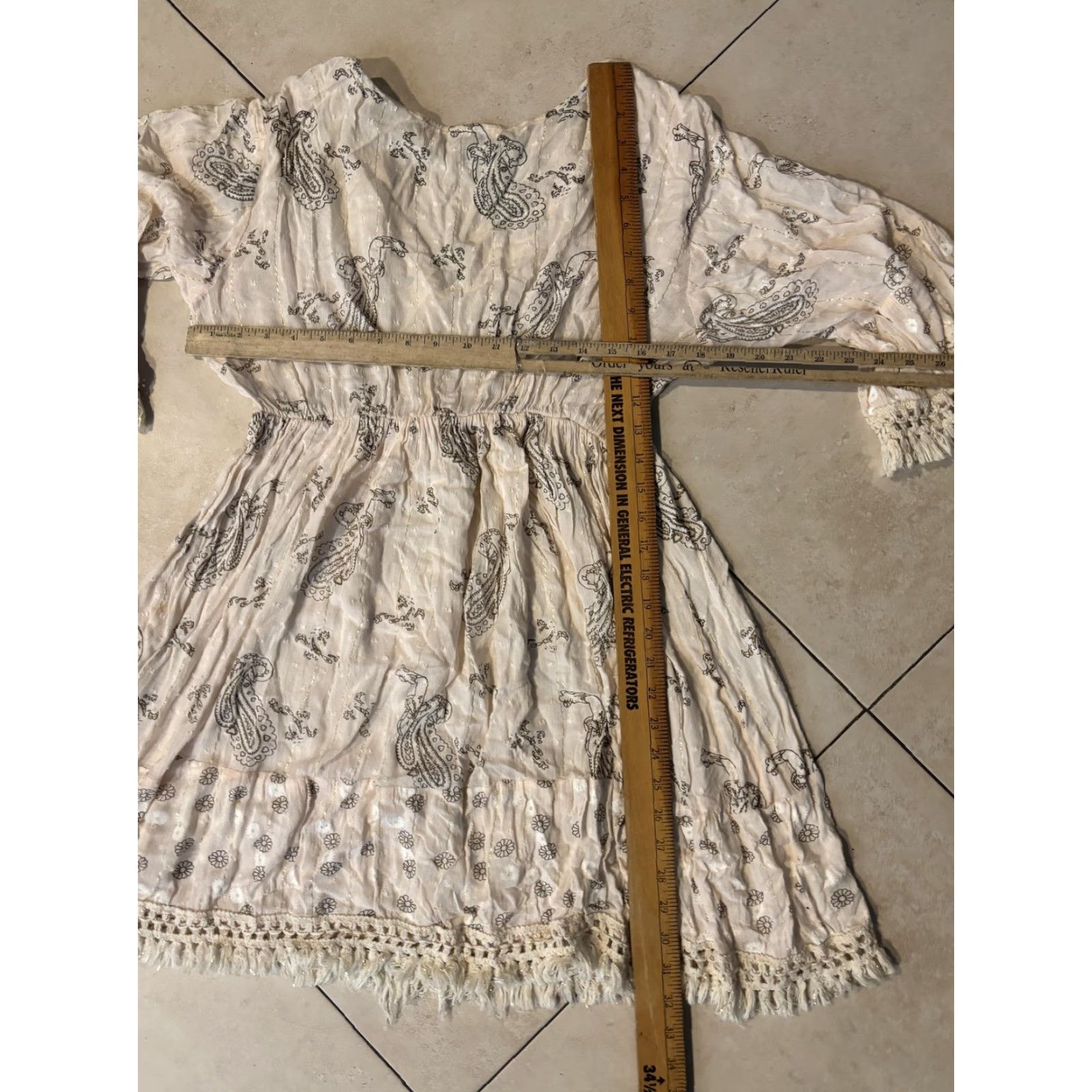 Vintage Zury Boho Dress Womens M Paisley V-Neck Tassel Trim 3/4 Sleeve Fringe Short dress Outdoors Casual Travel Ivory/Light Pink Bohemian 90s? Size M / US 6-8 / IT 42-44 - 6 Thumbnail