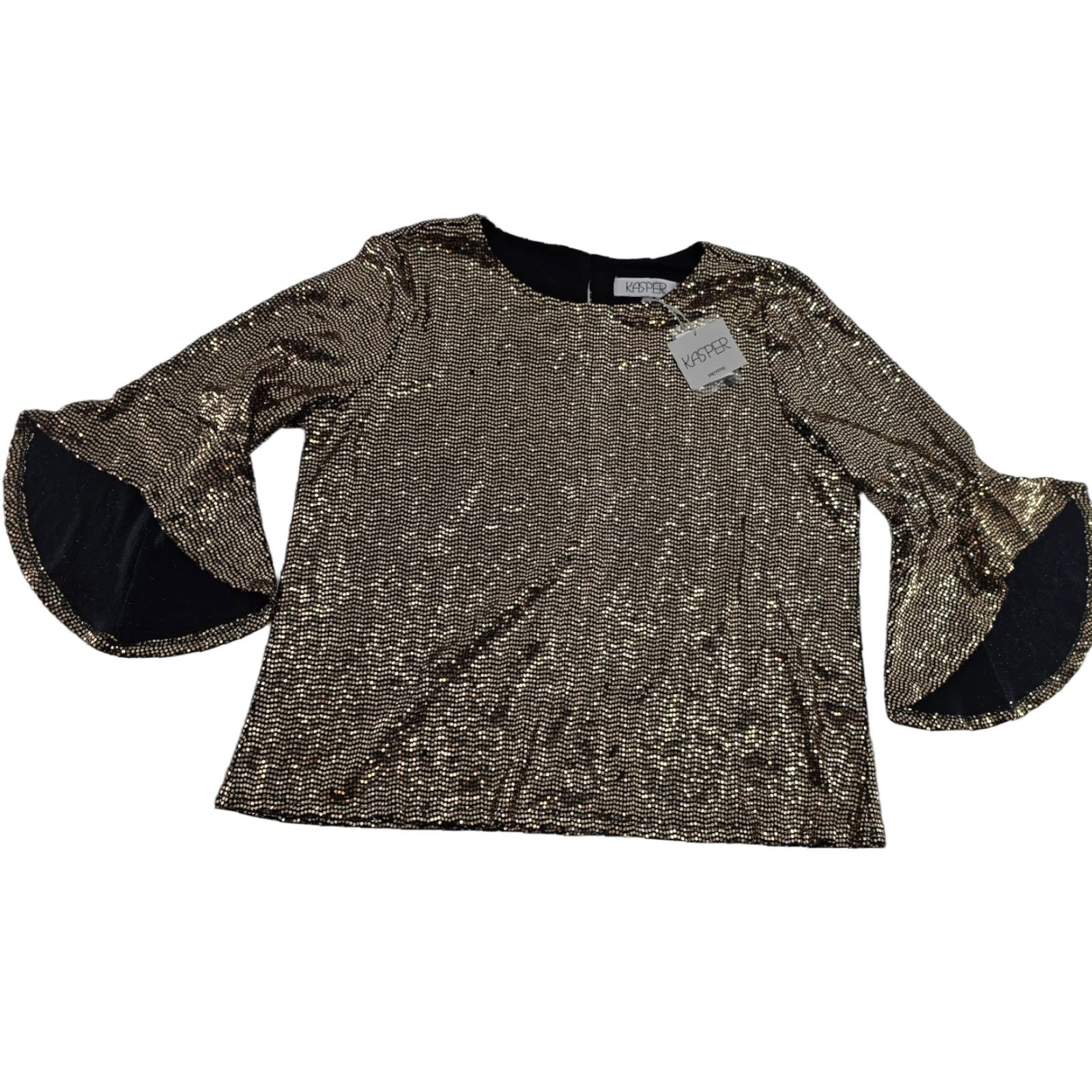 Kasper Kasper Blouse - Women’s Shine Dot Ruffle SLV - Black/Gold - Petite XL - 3/4 Sleeve - Round Neck - Pullover - NWT Size XL / US 12-14 / IT 48-50 - 1 Thumbnail