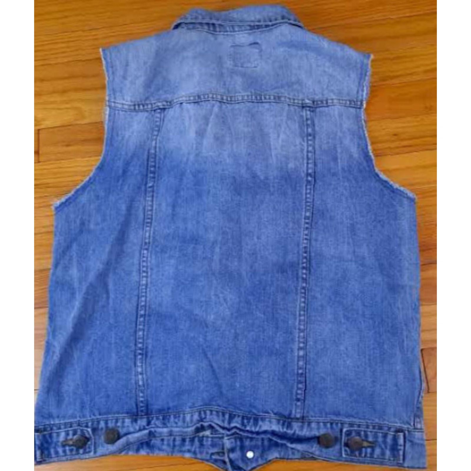 Aeropostale VINTAGE Aeropostle Vest Unisex Adults L Blue Cotton Full Button Large Cut-Off Sleeve Biker 24in long 23in pit to pit Size 42R - 4 Thumbnail