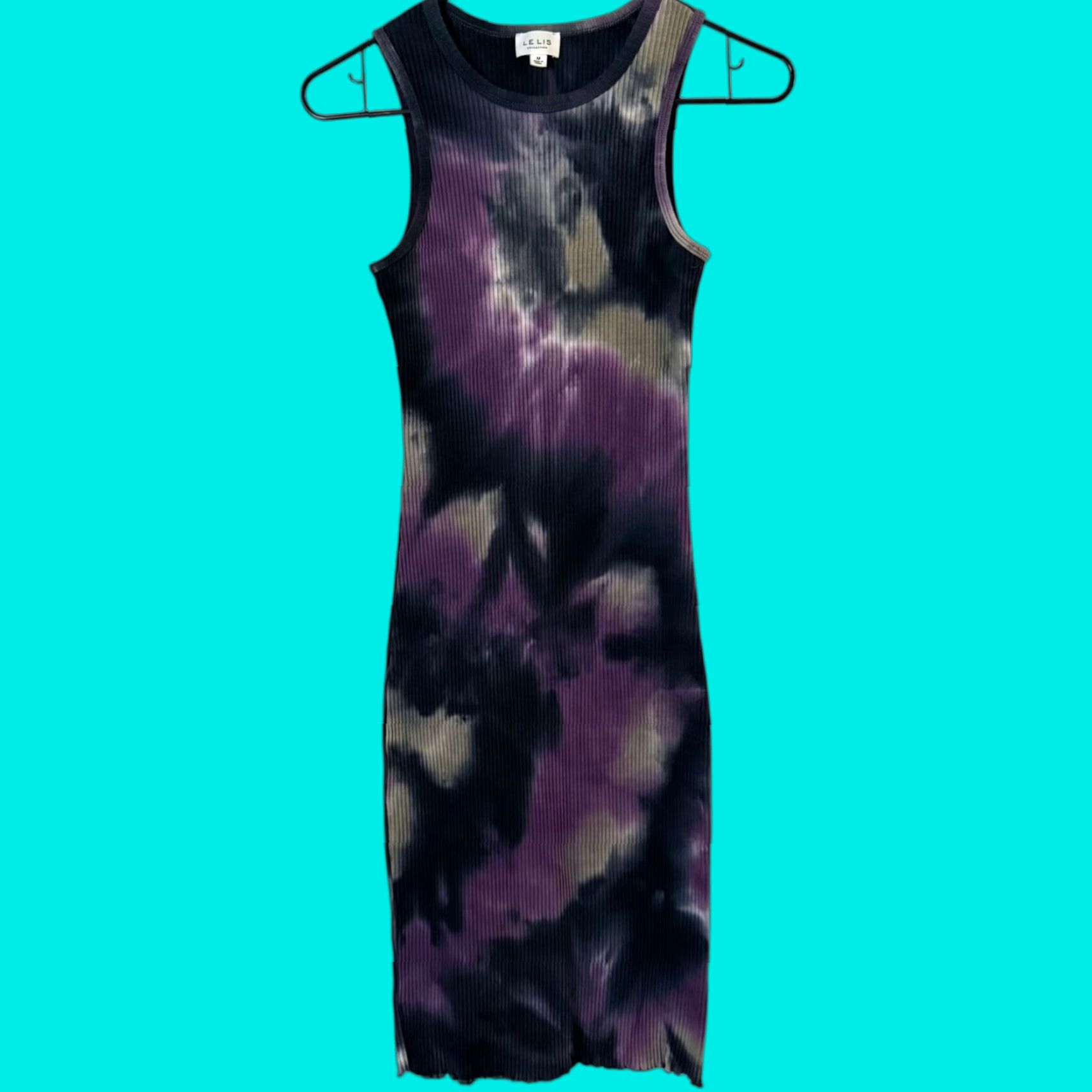 Vintage Le Lis Tie-Dye Midi Dress Purple & Blue Women's M Bodycon Ribbed-Knit Sleeveless Round Neck Pullover Casual Midi Dress Fall Spring Summer City Theme Size M / US 6-8 / IT 42-44 - 1 Thumbnail
