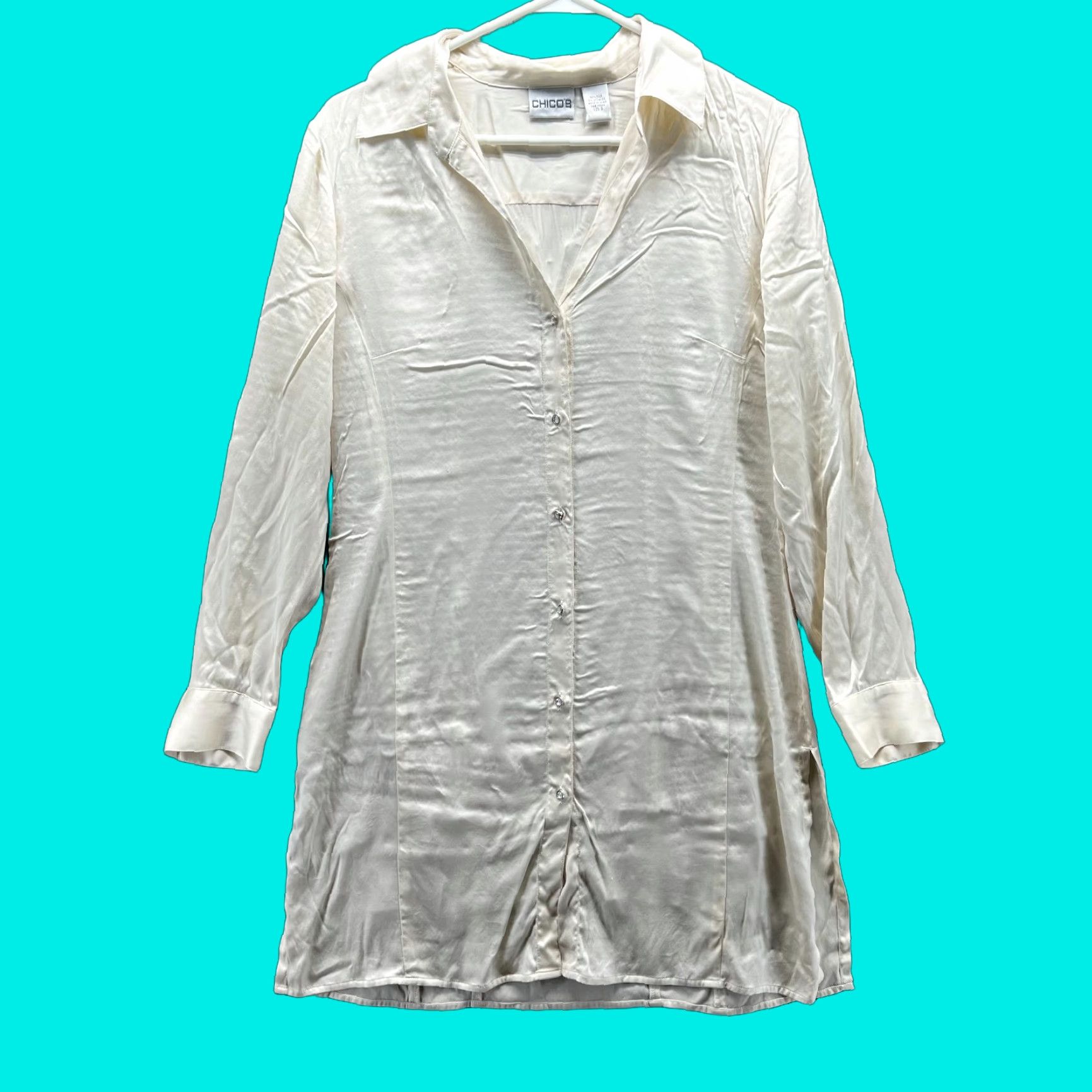 Vintage Chico's Shirt Dress Womens Small Beige Silk Satin Button Down Long Sleeve Casual Knee Length) Size S / US 4 / IT 40 - 1 Thumbnail
