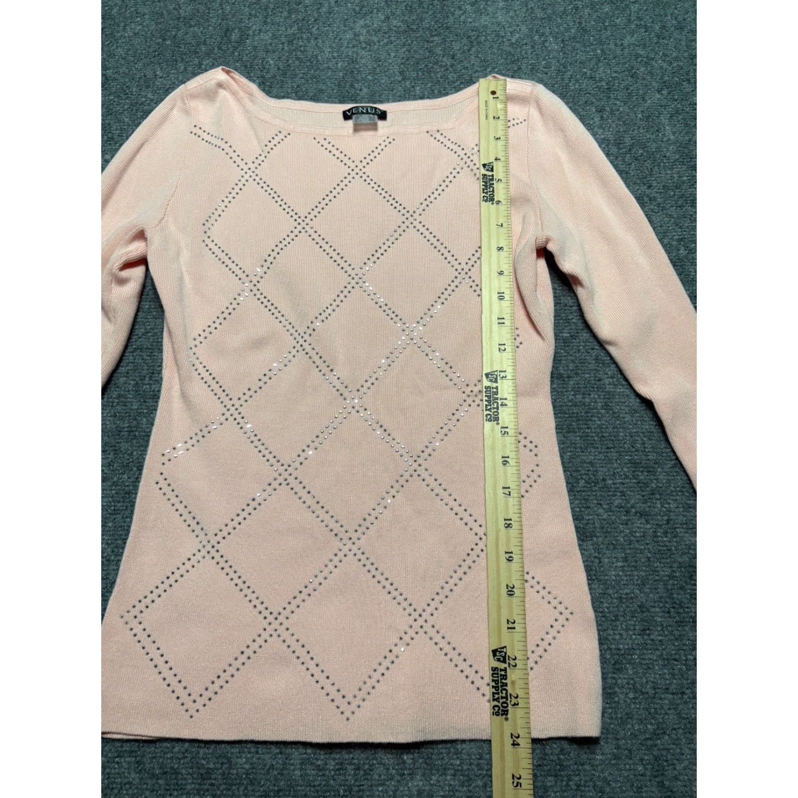 Venus Venus Sweater Womens M Peach Diamond Pattern Studded Pullover, Knit, Long Sleeve, Argyle/Diamond, Orange, Pullover, M, Regular Size M / US 6-8 / IT 42-44 - 3 Thumbnail