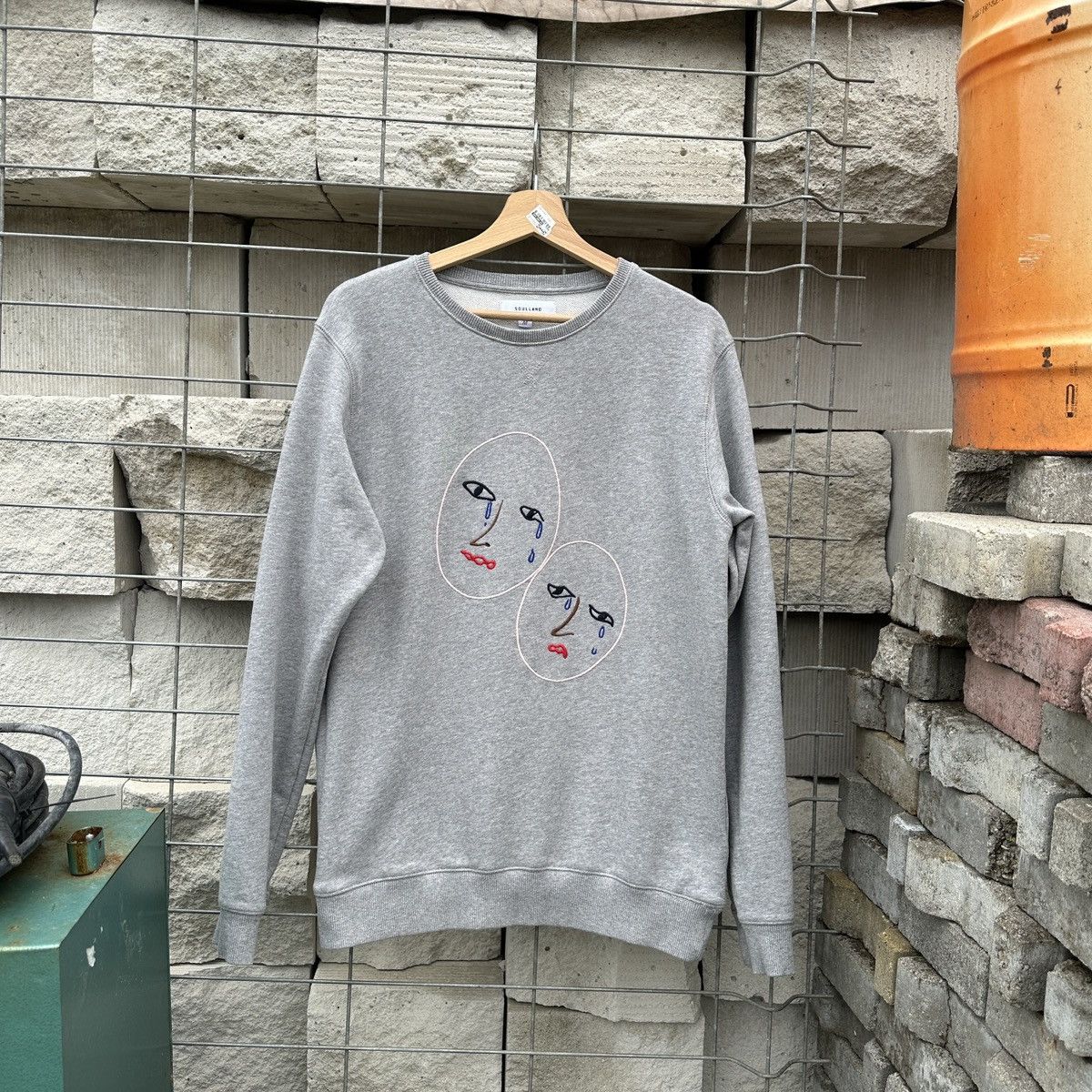 Japanese Brand Soulland Crying Faces Sweatshirt M Crewneck Grey Embroidery Size US M / EU 48-50 / 2 - 1 Thumbnail