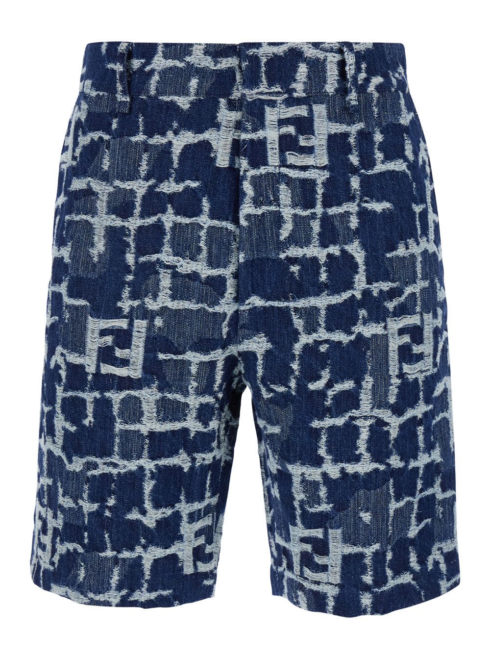 Fendi Blue Bermuda Shorts with FF Print in Cotton and Linen Man Size US 36 / EU 52 - 1 Thumbnail