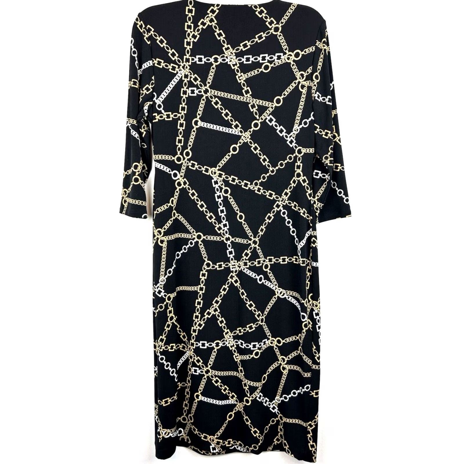 Vintage Chico's Chain Print Midi Dress Womans Small Black Faux Wrap Stretch Equestrian Old Money Dress Size S / US 4 / IT 40 - 2 Thumbnail