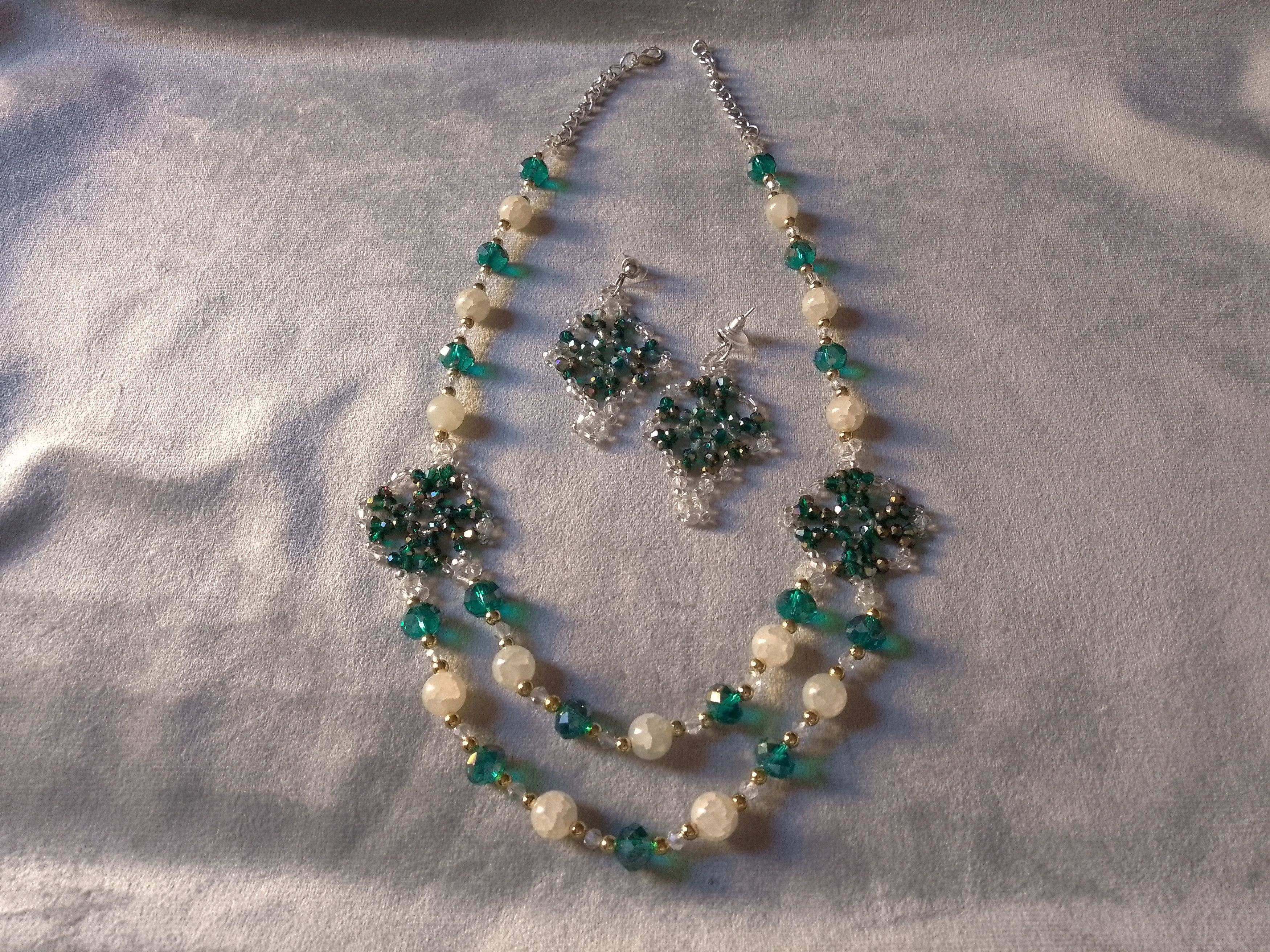 Handmade Necklace Long Green Crystal White Gemstones Earrings Size ONE SIZE - 5 Thumbnail