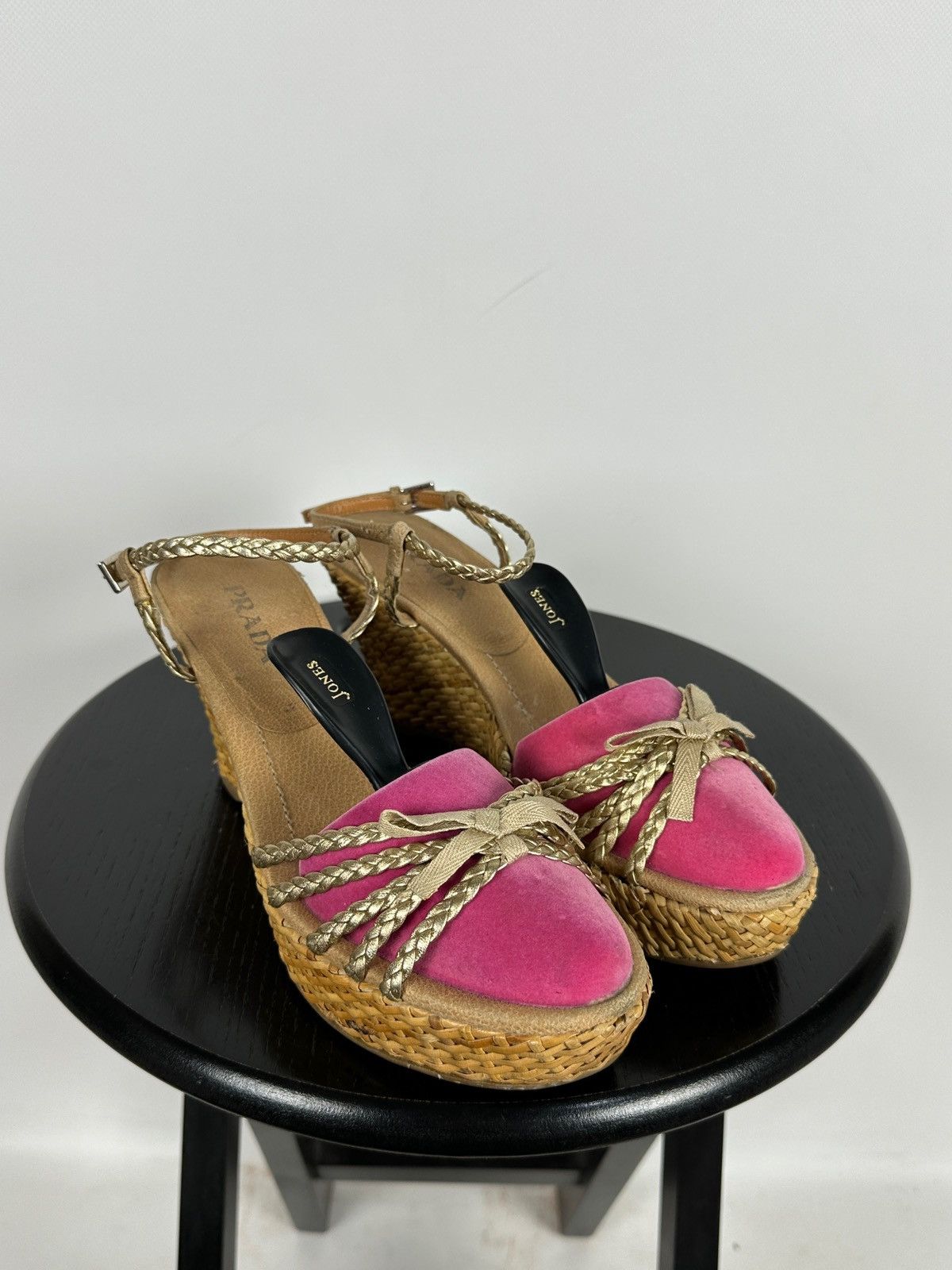 Prada Prada Braided Leather Woven Raffia Wedge Ankle Strap Sandals Size US 9.5 / IT 39.5 - 4 Thumbnail
