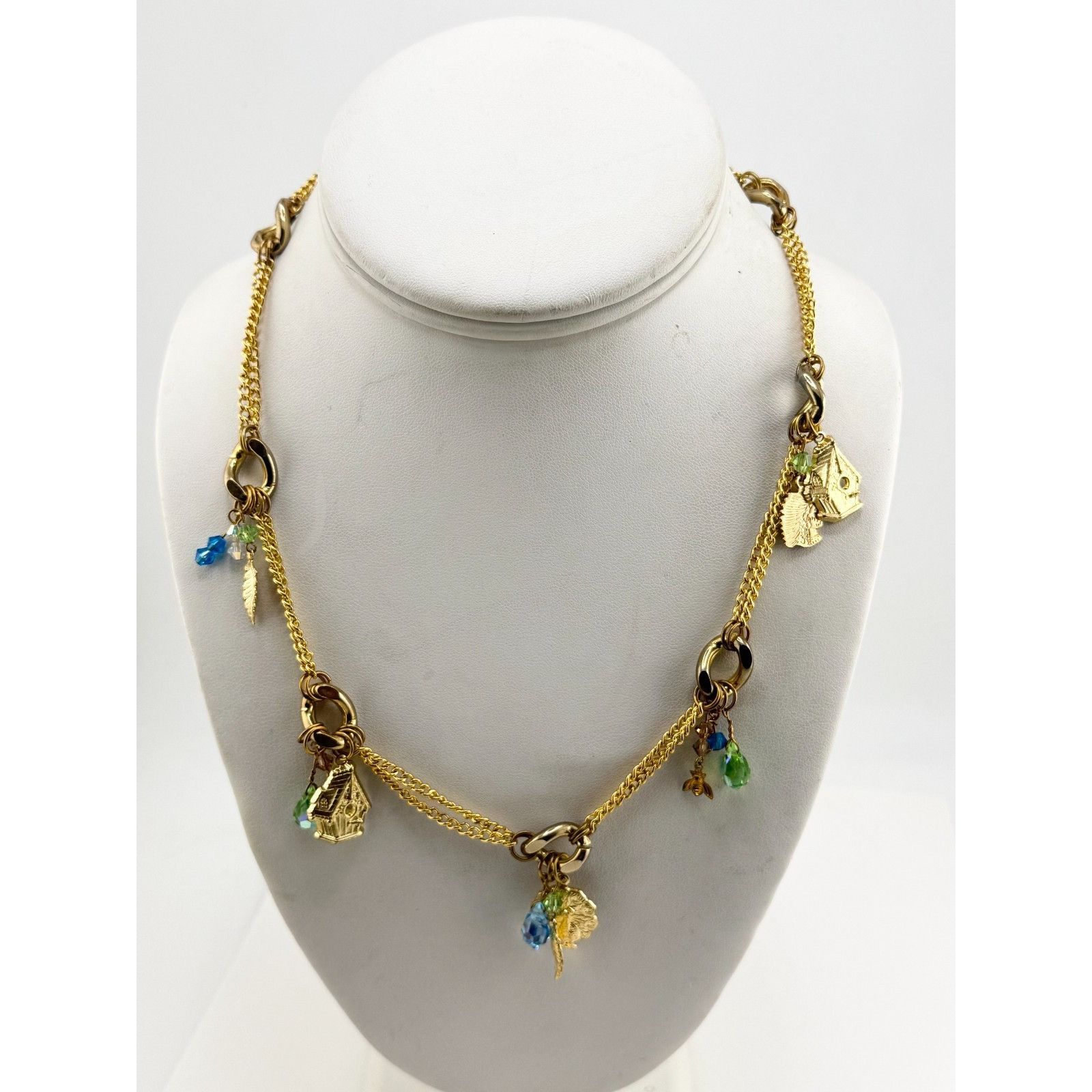 Vintage Vintage crystal charm necklace feathers, birdhouse, peacock, Size ONE SIZE - 4 Thumbnail