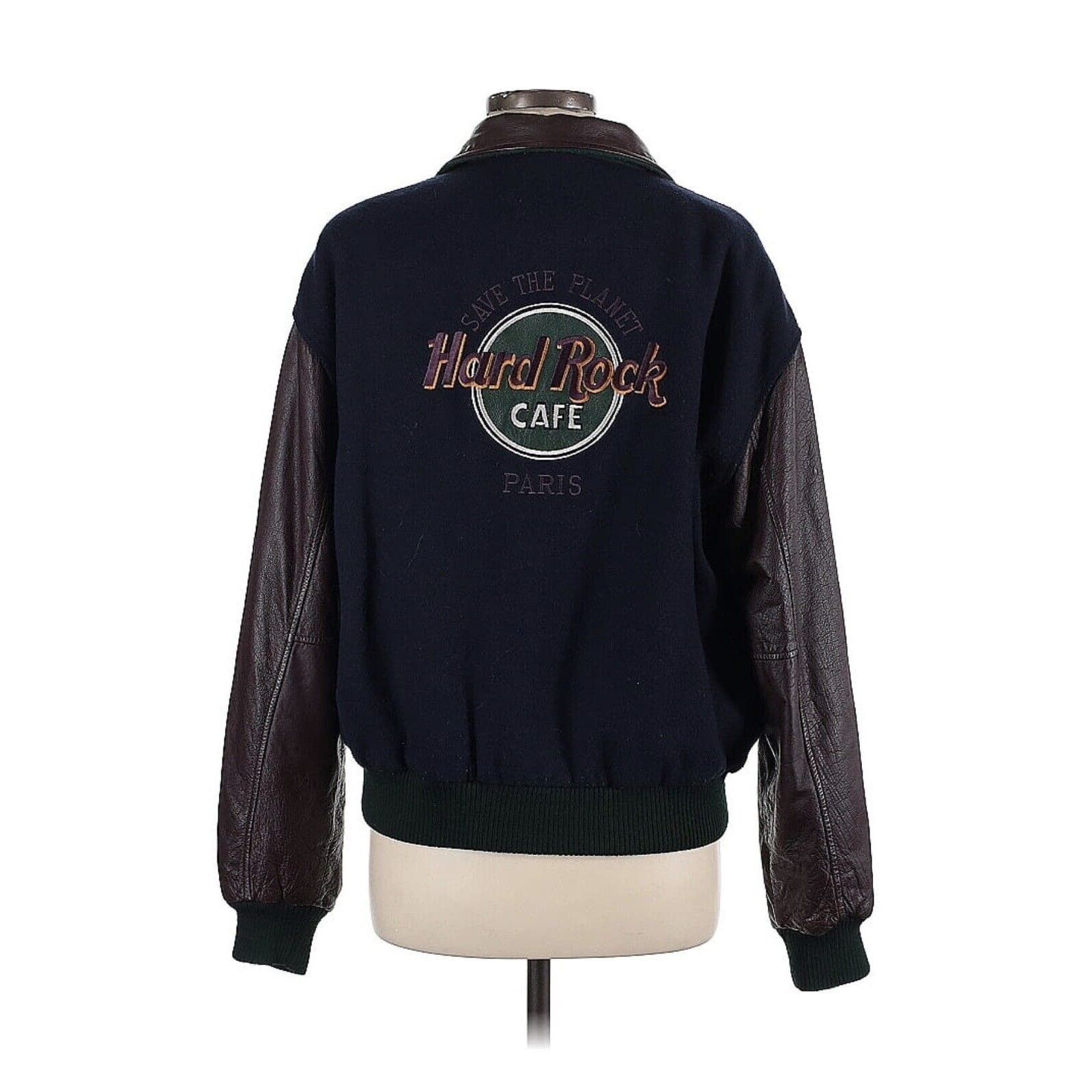 image of Hard Rock Cafe Paris Bomber Jacket Brown Leather Navy Blue, Men's (Size Medium)