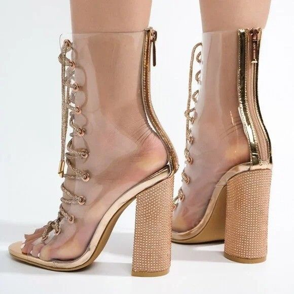 See Me Rose Gold Rhinestone Laces Heels Clear Upper Open Toe