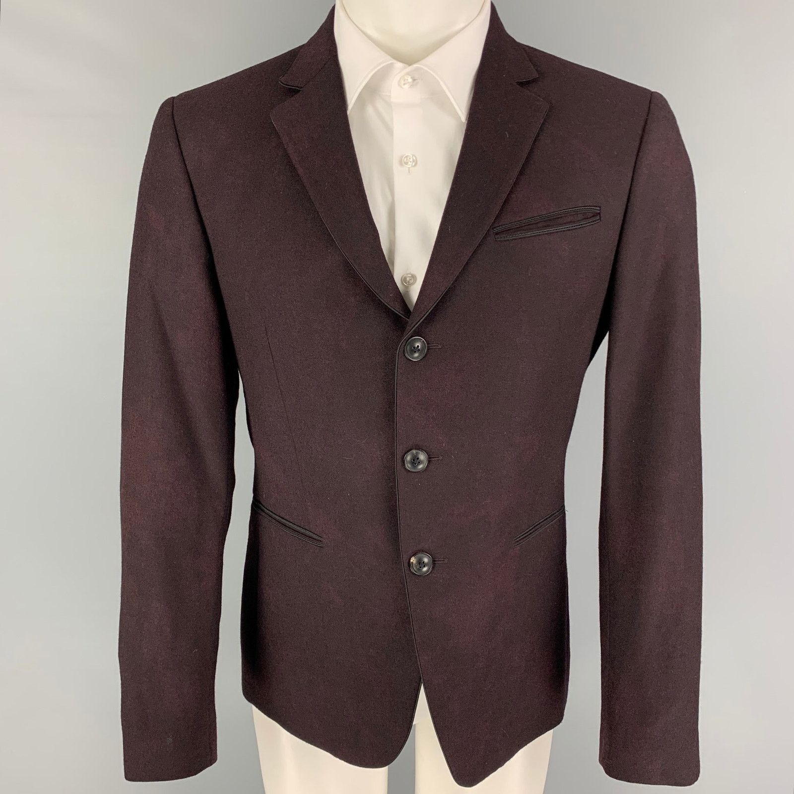 Size 38 Burgundy Black Dyed Wool Notch Lapel Sport Coat