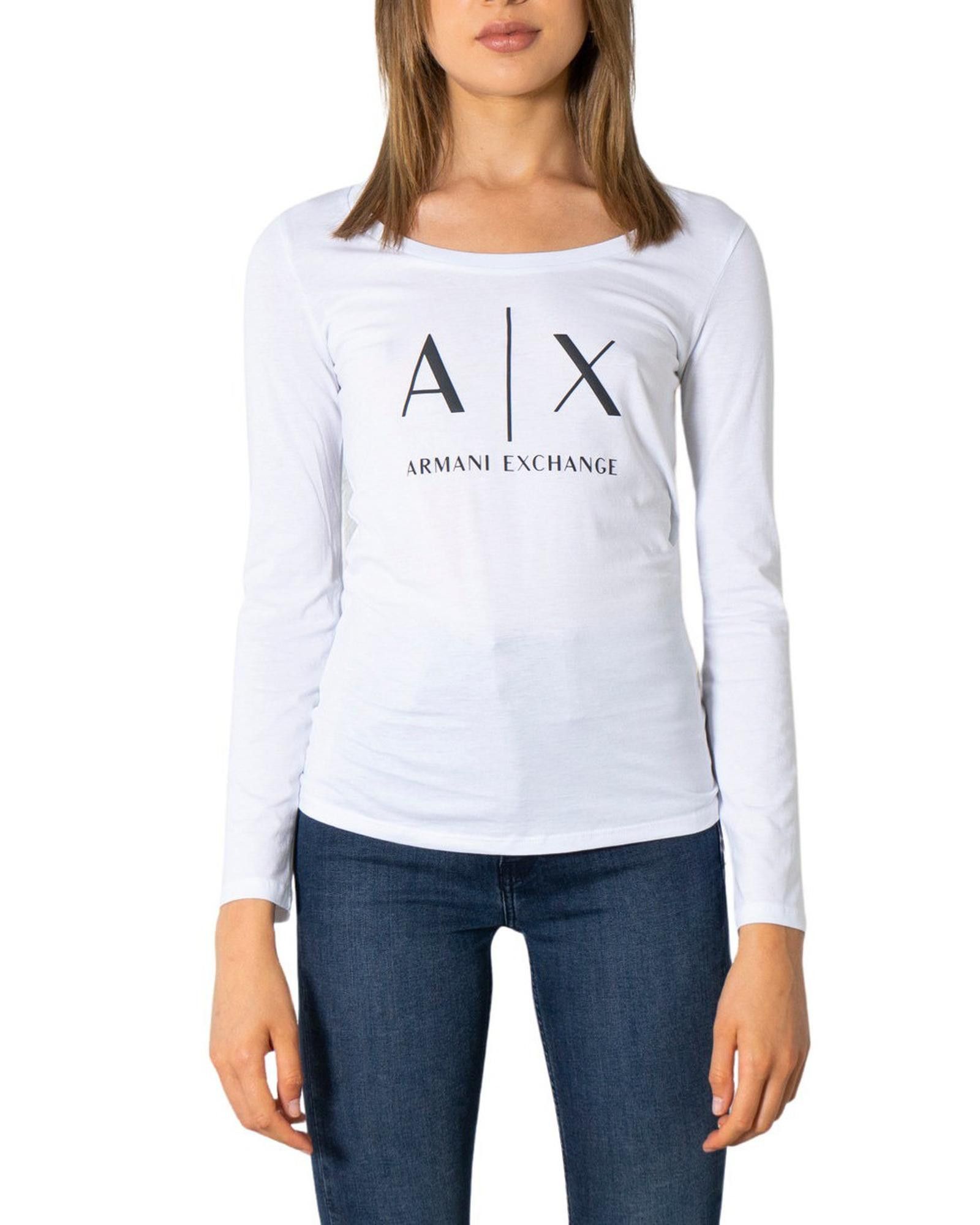 image of Armani Exchange Long Sleeve Round Neck T-Shirt in White, Women's (Size XL)