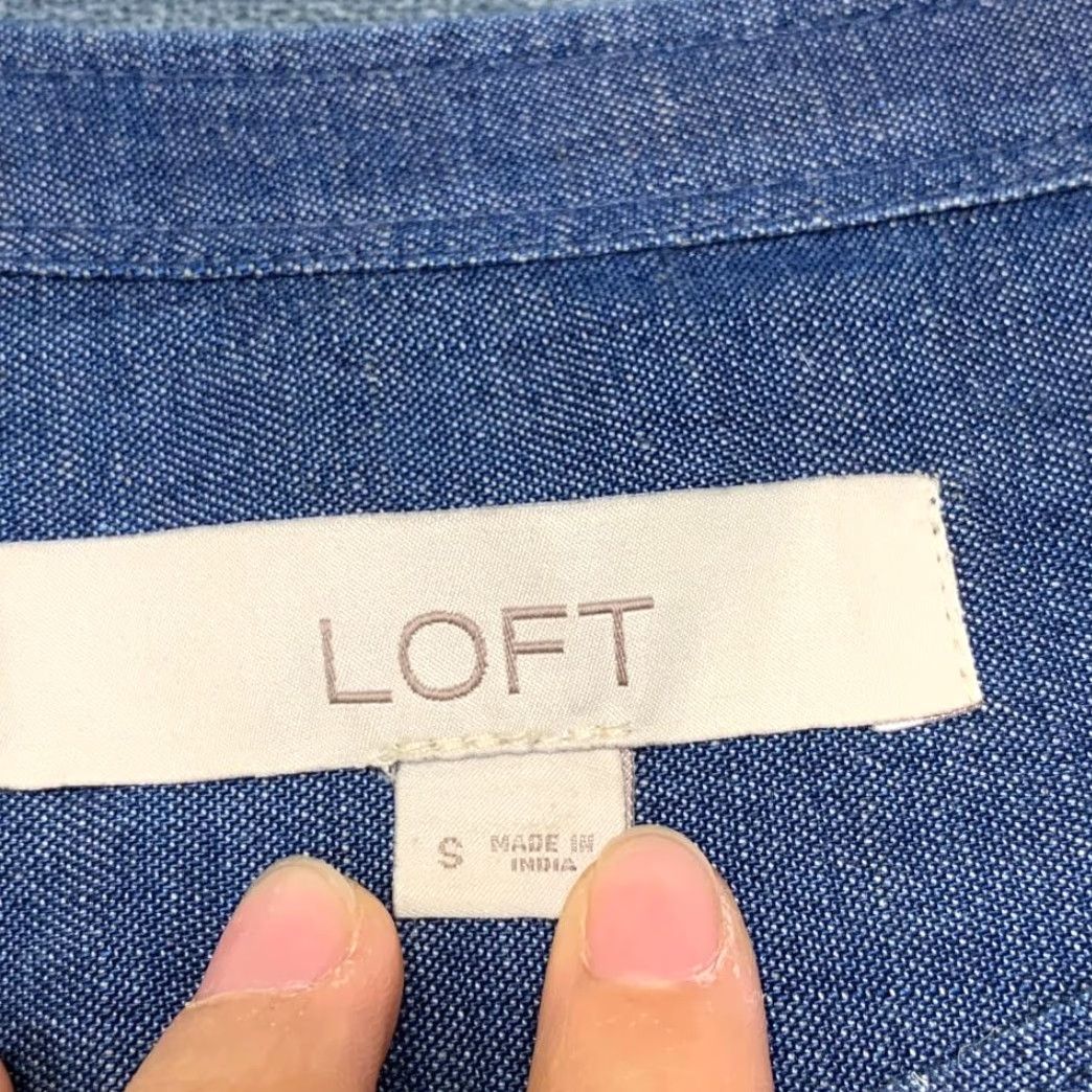 Loft VINTAGE Loft Shirt Dress Women S Blue Denim Pleated Tie Waist Round Neck Roll Tab Sleeve Size S / US 4 / IT 40 - 7 Thumbnail