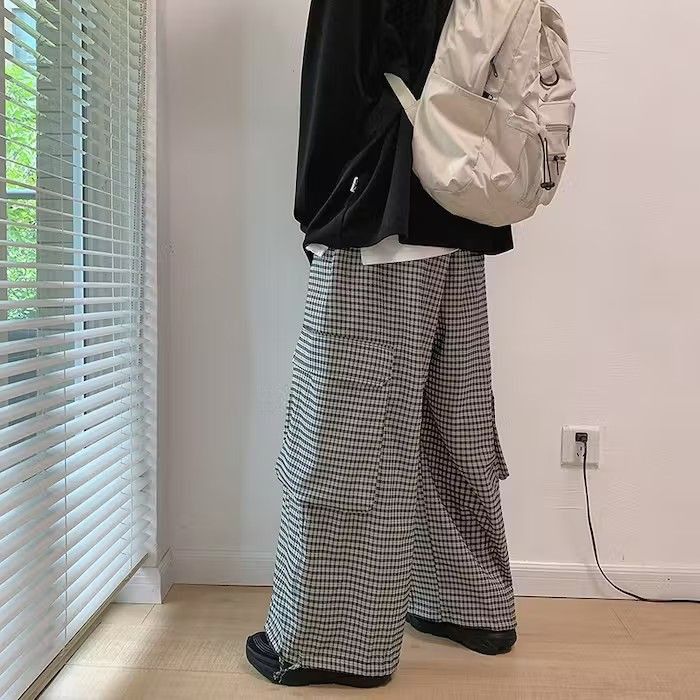 image of Vintage Japanese Style Baggy Plaid Pants in Grey, Men's (Size 30)