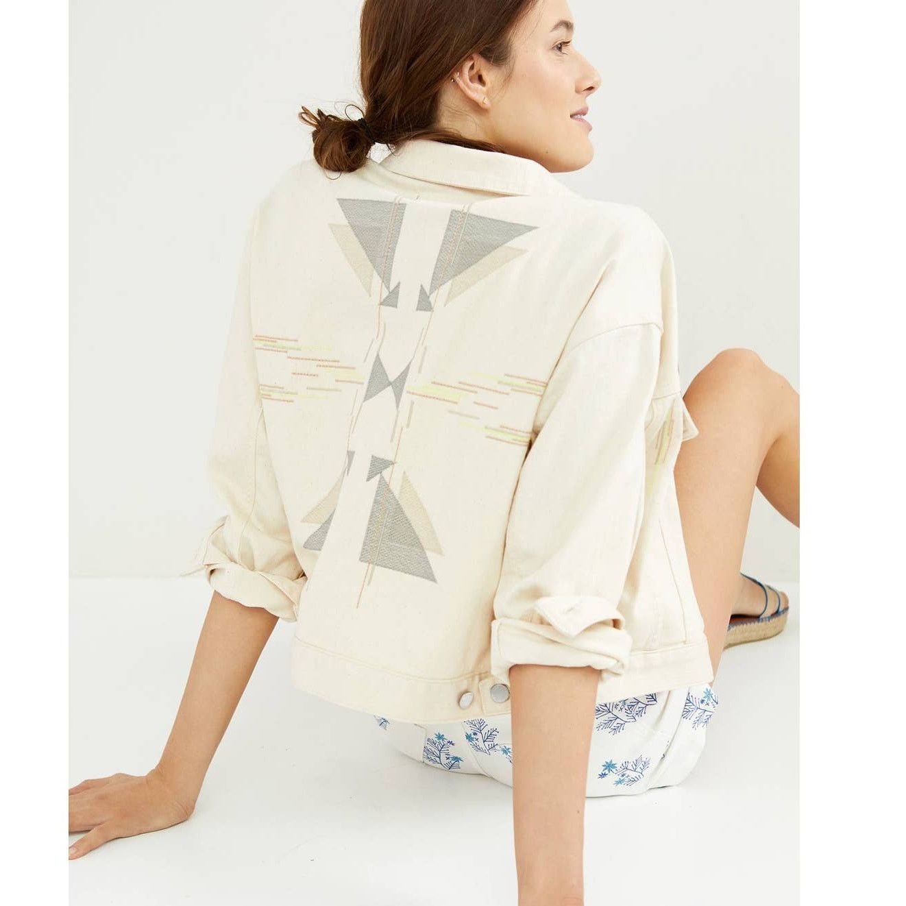 New Anthropologie AG Embroidered Denim Jacket $288 MEDIUM