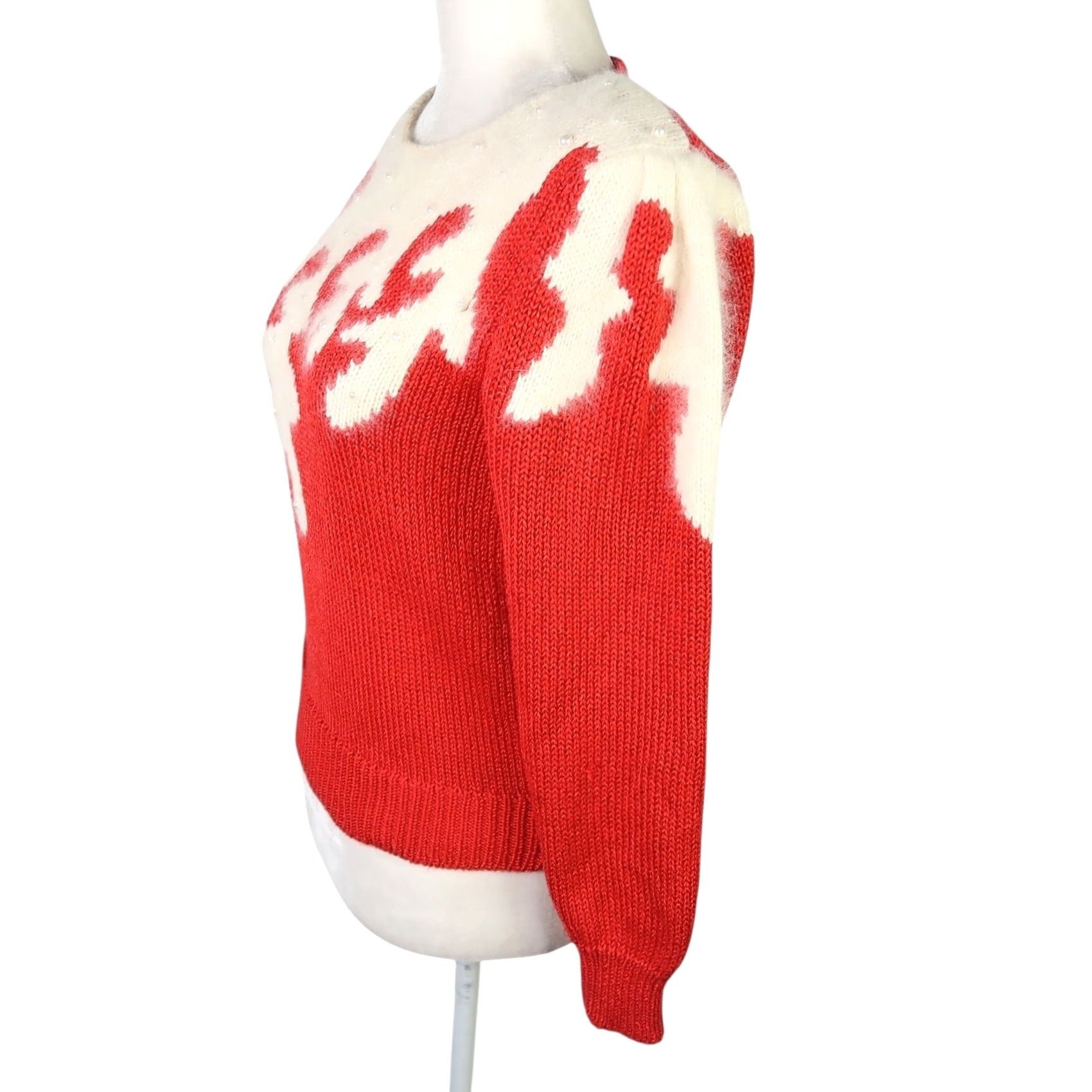 Vintage VINTAGE 80s Red Cream Angora Knit Sweater S Women Pullover Long Sleeve Squiggle Size S / US 4 / IT 40 - 3 Thumbnail