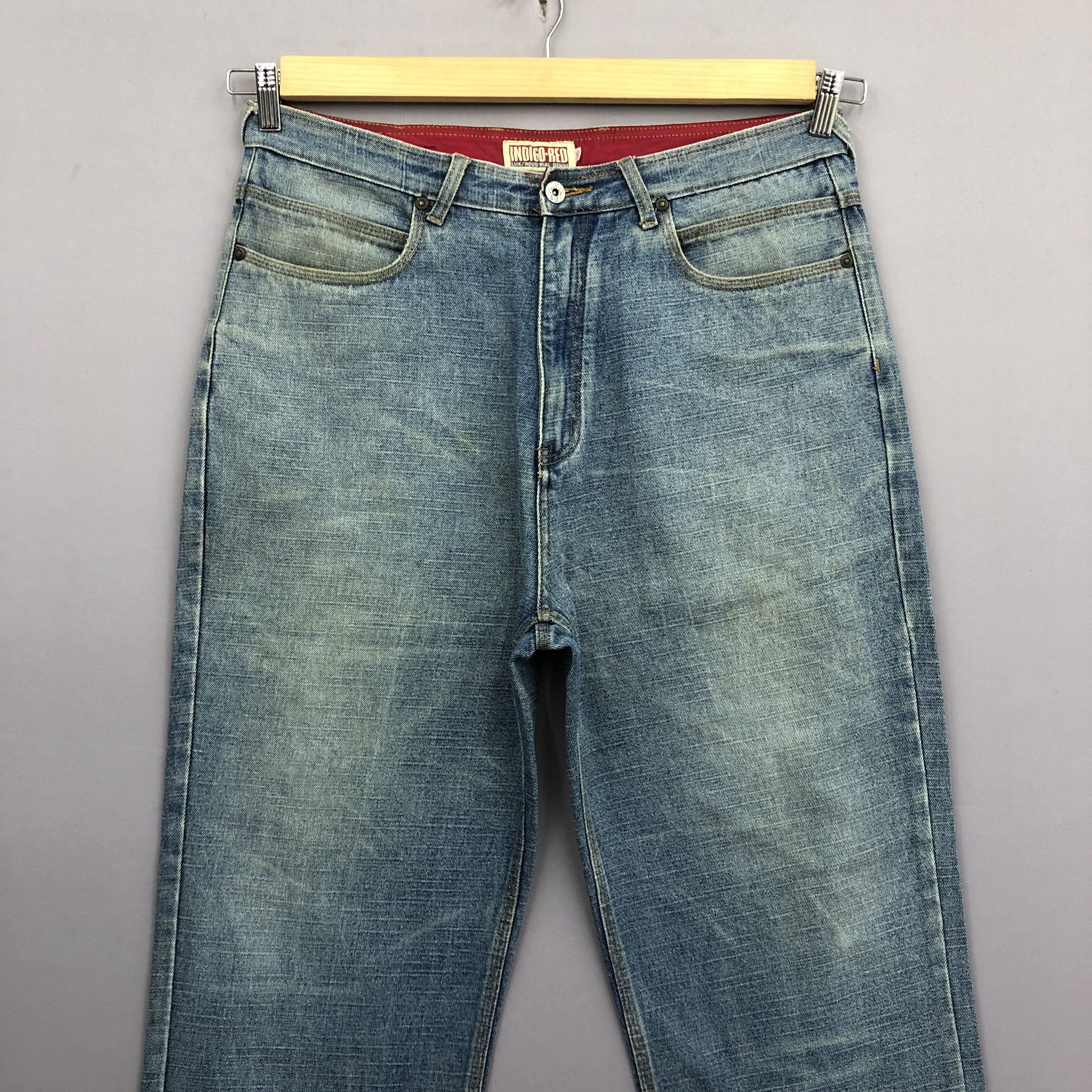 Japanese Brand Crazy Y2K Indigo Red Baggy Jeans Skater JNCO Faded Denim Size US 35 - 3 Thumbnail