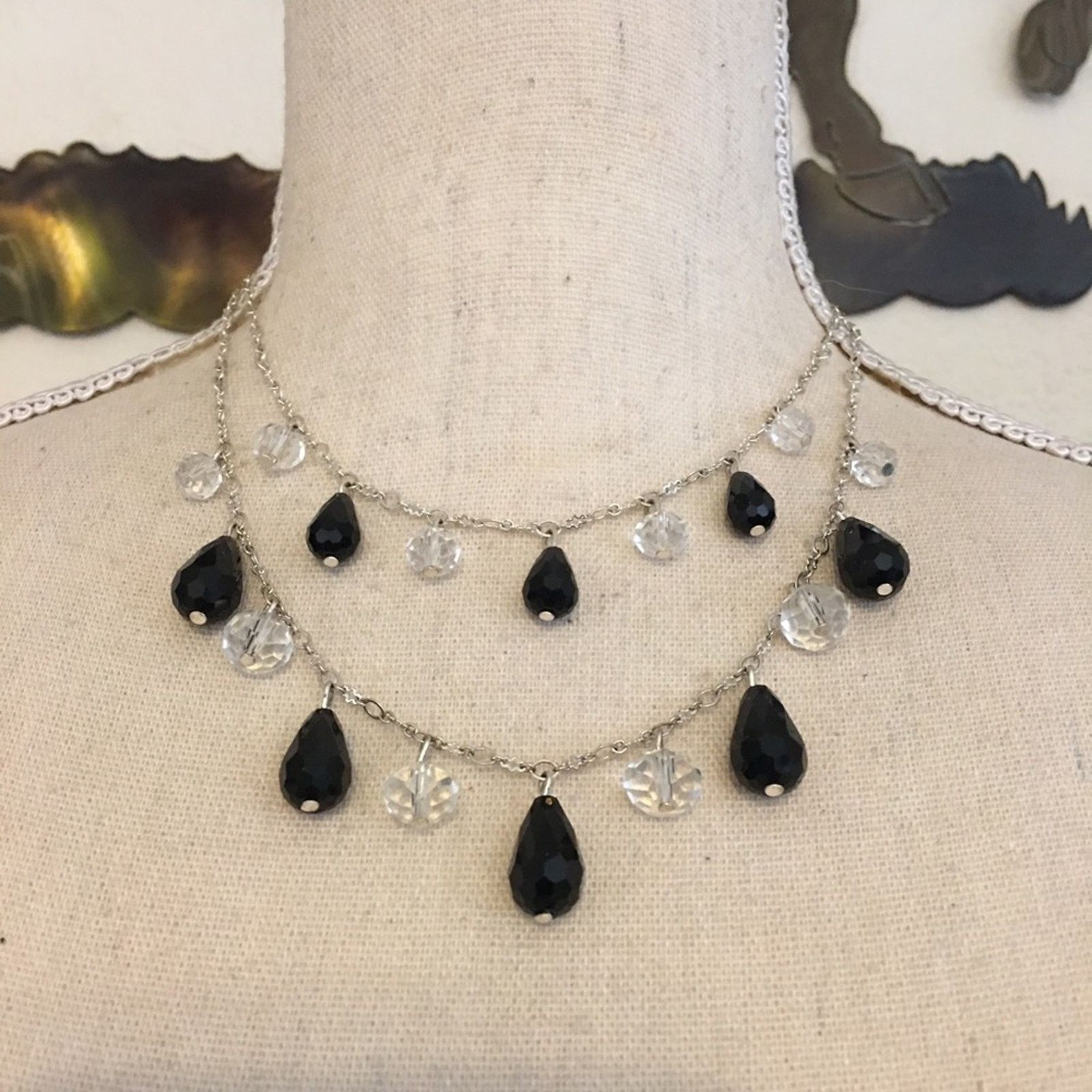 Jewelry Black and clear double strand chandelier necklace Size ONE SIZE - 1 Thumbnail
