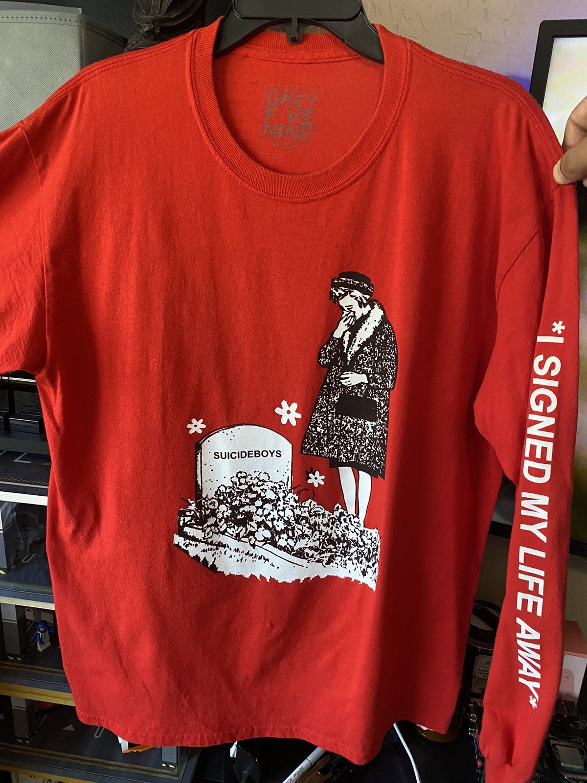 image of G59 Records x Pouya Uicideboy Merch I Want To Die In New Orleans Red Long Sleeve, Men's (Size Large