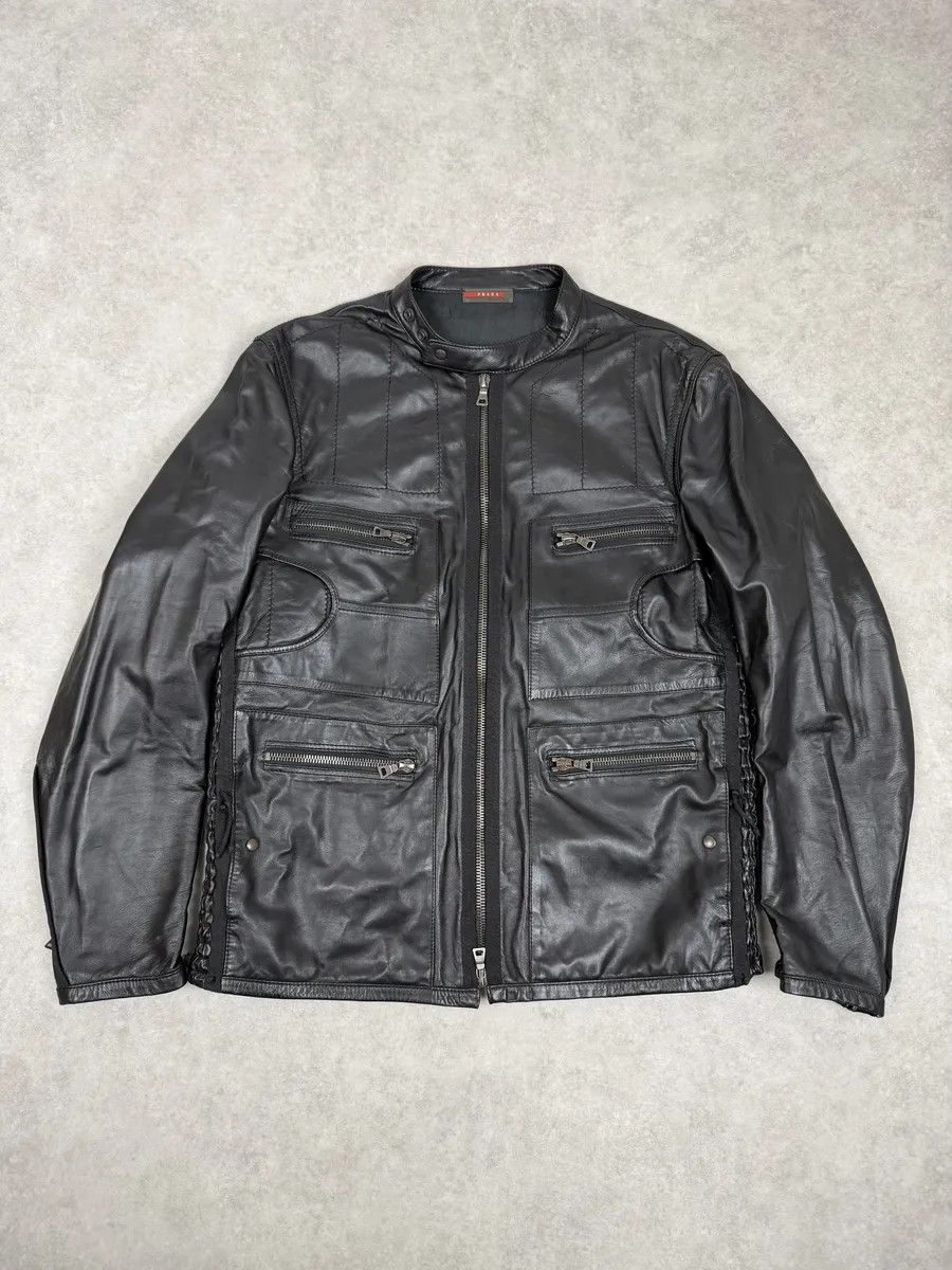 Prada 2000s Prada Black Biker Leather Laced Jacket Size US L / EU 52-54 / 3 - 1 Thumbnail