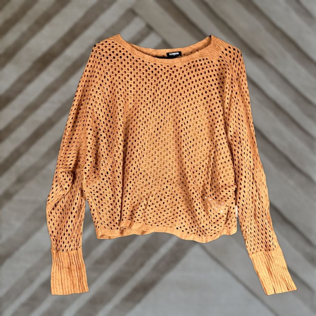 Express Express Sweater Women Orange Boat Neck Open Knit Long Sleeve Cotton Blend Large Size L / US 10 / IT 46 - 1 Thumbnail